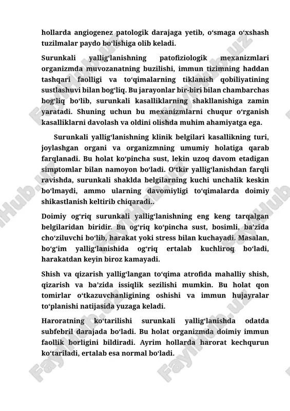 a issiqlik sezilishi mumkin. bu holat qon tomirlar o‘tkazuvchanligining oshishi va immun hujayralar to‘planishi natijasida yuzaga keladi. haroratning ko‘tarilishi surunkali yallig‘lanishda odatda subfebril darajada bo‘ladi. bu holat organizmda doimiy immun faollik borligini bildiradi. ayrim hollarda harorat kechqurun ko‘tariladi, ertalab esa normal bo‘ladi. charchoq va holsizlik organizmda doimiy yallig‘lanish energiya sarfini oshiradi, bu esa umumiy holatni yomonlashtiradi. bemor tez charchaydi, ishga qiziqishi pasayadi, uyqu sifati yomonlashadi. organ funksiyasining buzilishi yallig‘lanish joylashgan organga qarab turlicha bo‘ladi. masalan, o‘pka yallig‘lanishida nafas olish qiyinlashadi, jigar yallig‘lanishida metabolik jarayonlar buziladi, buyrak yallig‘lanishida suyuqlik ajralishi kamayadi. surunkali yallig‘lanishning kechishi bosqichma-bosqich bo‘lib, dastlabki bosqichda simptomlar sust bo‘ladi. vaqt o‘tishi bilan to‘qimalarda fibroz, skleroz, atrofiya kabi o‘zgarishlar yuzaga keladi. bu esa organ funksiyasining pasayishiga, ba’zida esa to‘liq ishdan chiqishiga olib keladi. ayrim hollarda surunkali yallig‘lanish fonida o‘smalar, autoimmun buzilishlar yoki ikkilamchi infeksiyalar rivojlanadi. klinik kechishning murakkabligi shundaki, bemorlar ko‘pincha bu holatni oddiy charchoq, stress yoki boshqa sabablarga yo‘yib, …