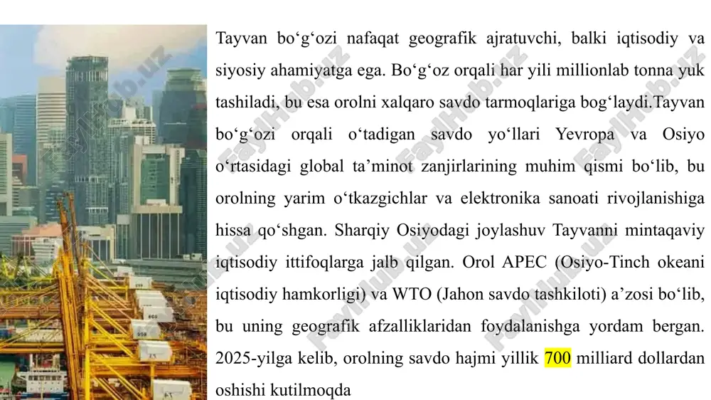 3 trillion tay ga yetgan (6 foiz o'sish), yuk hajmi 30 foiz oshgan. kaohsiung porti lme yetkazib beruvchi port sifatida tanilgan, bu xarajatlarni kamaytiradi. tayvan iqtisodiyoti hududiy klasterlarga asoslangan bo‘lib, hsinchu, tainan va kaohsiung sanoat zonalari bu tizimning markaziy elementlari hisoblanadi. ushbu klasterlar nafaqat iqtisodiy o‘sishni rag‘batlantiradi, balki innovatsiyalar va ta'minot zanjirlarini integratsiya qilish orqali global raqobatbardoshlikni ta'minlaydi. hsinchu ilmiy parki, masalan, 2022 yilda 363 milliard dollarlik daromadga erishdi, bu esa parkdagi kompaniyalar daromadining 75 foizini tashkil etadi. ushbu zonalar iqtisodiy ta'sirini chuqur tahlil etganda, ularning mahalliy iqtisodiyotga qo‘shgan hissasi, shu jumladan bandlik va r&d xarajatlari, aniq ko‘rinadi. tayvan bandlik tuzilishi xizmatlar va ishlab chiqarishga asoslangan: 2024 yilda birlamchi sektor yaimning 1,47 foizini, bandlikning 4,26 foizini tashkil etdi, ikkilamchi sektor esa 35 foizni egalladi. xizmatlar sektori 60 foizdan ortiqni band qiladi, bu esa yuqori darajadagi ixtisoslashuvni ko‘rsatadi. 2025 yilda bandlik o‘sishi 2,5 foizni tashkil etishi kutilmoqda, texnologiya va yashil energiya …