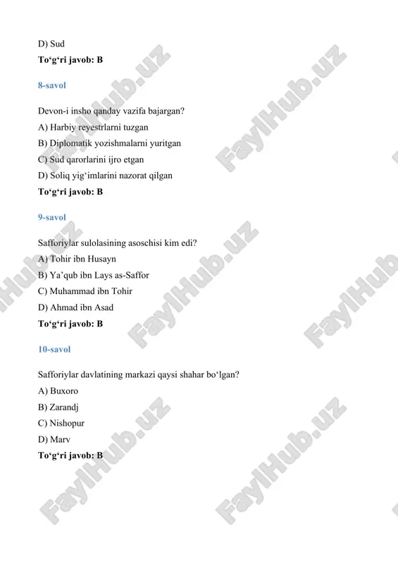 ish, adolatni ta’minlash. · misol: soliq bahsida dehqon va amil o‘rtasidagi nizoni ko‘rib, ijro varaqasini beradi. 14. muhtasib (hisba) · ta’rif: bozor, o‘lchov, narx-navo va jamoat odobi nazoratchisi. · vazifa: adolatsiz savdo, nopoklik va sanitariya qoidabuzarliklariga chora ko‘rish. · misol: noto‘g‘ri tarozi ishlatgan savdogarga jarima solib, do‘konini vaqtincha yopadi. 15. bayt al-mal (xazina) · ta’rif: davlat moliyaviy zaxiralari jamlanadigan markaziy xazina. · vazifa: soliq va boj tushumlarini qabul qilish; harbiy, ijtimoiy va infratuzilma sarflarini qoplash. · misol: harbiy yurish oldidan qo‘shin ta’minoti uchun mablag‘ ajratadi, sarf yuzasidan devonlarga hisobot beradi. interfaol topshiriqlar: 1. “kim tezroq topadi?” viktorinasi · guruhlarga dargoh va devon mansablarini tarqatib berasiz. · har bir guruh berilgan mansabning vazifasini tezkor topib aytishi kerak. · to‘g‘ri javob bergan guruhga ball beriladi. 2. rol o‘yinlari (“saroy va devon”) · bir guruh “dargoh amaldorlari” (sulton, hajib, vazir), ikkinchi guruh “devon xizmatchilari” (mustaufiy, kotib, devon-i arz vakillari). · ular tarixiy vaziyatni …