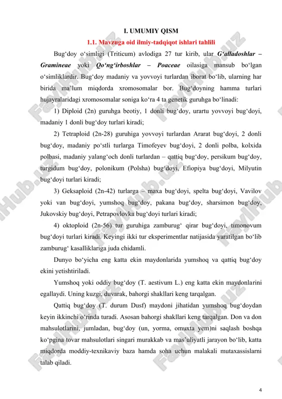 ngdek turli nafas olish intensivligiga ega bo‘lishi mumkin. ekiladigan urug‘ sifati, o‘simlikning unib chiqishi, o‘sishi rivojlanishi kasallik, zararkunanda va noqulay ob-havo sharoitlariga chidamliligi va hakazolarga ta’sir etadi. r.a.xaitov, r.i.zuparov (2003)larning ma’lumotlariga ko‘ra, don massasi sifatining pasayishi uni tashish jarayonida ham kuzatilishi mumkin. don massasining sifati va saqlanuvchanligi ko‘p jihatdan yig‘ib olingandayoq joylashtirilgan joyning sharoitiga bog‘liq bo‘ladi. don yigib olingan zahoti darhol belgilangan manzilga yetkazilishi lozim. donning mexanizatsiya vositalari bunkerlarida qolib ketishi uning sifatini pasayishiga olib keladi. a.mo‘minov va n.siddiqovlar (2013)ning ta’kidlashlaricha, urug‘lik don qanchalik toza bo‘lsa uning saqlanishi ham ishlab chiqariladigan mahsulotning sifati ham shunchalik yuqori bo‘ladi. tozalik don sifatini belgilovchi asosiy ko‘rsatkichlardan biridir. r.mirzayev, f.taxirovlar (2014)ning ma’lumotlariga ko‘ra, don massasini saqlashni to‘g‘ri tashkil etish uchun har qaysi don turlari bo‘yicha talab etilgan sharoitni yaratish lozim. don massasini saqlashda faqatgina don turlariga qarab emas, balki foydalanish sohasiga qarab ham turlicha sharoit talab etiladi. a.abdiyev, n.mirzayev (2015) ma’lumotlarida keltirilishicha, urug‘lik arpa …