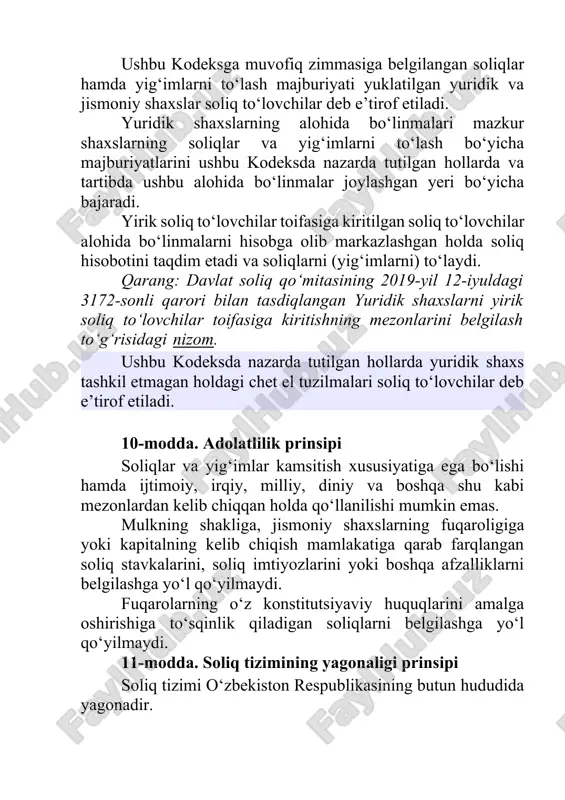 3) qo‘shilgan qiymat solig‘i; 4) aksiz solig‘i; 5) yer qa’ridan foydalanuvchilar uchun soliqlar va max sus to‘lovlar; 6) suv resurslaridan foydalanganlik uchun soliq. umumdavlat soliqlari har yili o‘zbekiston republikasi prezidentining keyingi moliya yili uchun makroiqtisodiy ko‘rsatkichlar va davlat budjeti prognozi to‘g‘risidagi max sus qarori asosida belgilangan normativlar bo‘yicha tegishli mahalliy budjetlar o‘rtasida taqsimlanadi. 7) ijtimoiy jamg‘armalarga majburiy to‘lovlar: œ yagona ijtimoiy to‘lov. bu to‘lov o‘z navbatida quyidagi jamg‘armalarga taq simlanadi: pensiya jamg‘armasiga, bandlik jamg‘armasiga va kasaba uyushmasi jamg‘armasiga. œ fuqarolarning budjetdan tashqari pensiya jamg‘arma siga sug‘urta badallari; 52 œ budjetdan tashqari pensiya jamg‘armasiga majburiy to‘lovlar; 8) respublika yo‘l jamg‘armasiga majburiy to‘lovlar: œ respublika yo‘l jamg‘armasiga majburiy ajratmalar; œ respublika yo‘l jamg‘armasiga yig‘imlar; 9) davlat boji; 10) bojxona to‘lovlari. soliq solishning soddalashtirilgan tartibida to‘lanadigan umumdavlat soliqlari: 11) yagona soliq to‘lovi; 12) tadbirkorlik faoliyatining ayrim turlari bo‘yicha qat’i belgilangan soliq. mahalliy soliqlar va boshqa majburiy to‘lovlarga quyi dagilar kiradi: 1) mol-mulk solig‘i; …