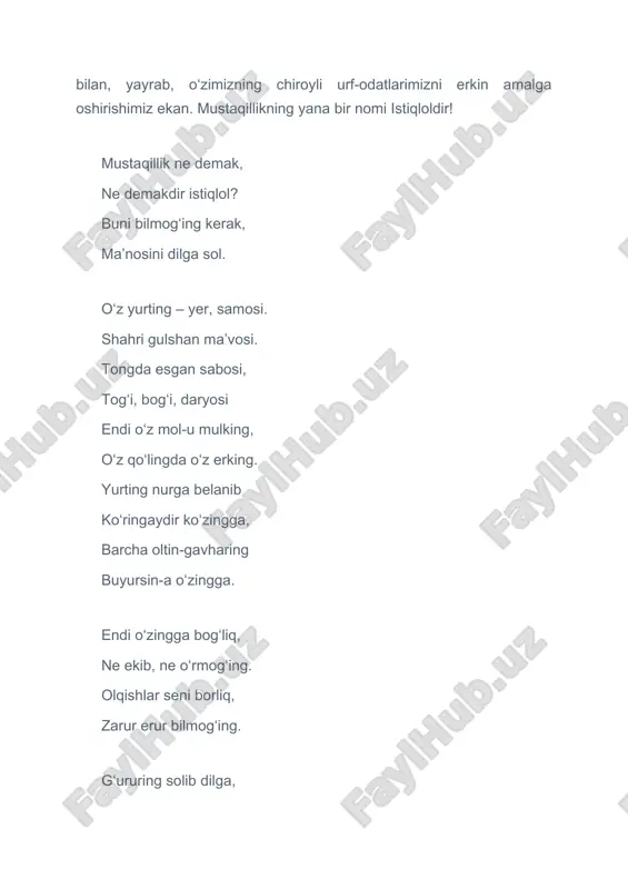 imiz kerak. chunki yaqin yillarda ham sentabr oyida siz kabi oʻquvchilar bugungidek sinfxonalarda emas, paxta dalalarida umr oʻtkazganlar. ularning boshidan samolyotlar zahar sochib ketgan. minglab bolalar kasal boʻlib qolganlar. bu gaplar sizga ertakday tuyulishi mumkin. lekin bularning hammasi yuz yillar davomida takrorlanib kelgan. hurmatli prezidentimiz shavkat mirziyoyev mana shunday yomon ishlarni toʻxtatdi. keling bu haqida oʻzbekiston xalq artisti, sevimli aktrisamiz dilorom karimovaning gaplarini tinglab tomosha qilamiz. yangi oʻzbekiston bogʻida oʻzbekiston xalq artisti dilorom karimova mustaqillik haqida, paxta zahmatlari, bolalarning dalalarda oʻtgan umri haqida, bu fojialarga hurmatli prezidentimiz chek qoʻygani haqida gapirib bergan videolavha namoyish etiladi. 3 daqiqa. mustaqillik qadri - dilorom karimova bolalar oʻqituvchi: dilorom opaning xotiralarini eshitdingiz, qani kimda qanday fikr tugʻildi. biz bugungi kunlarni qadriga yetishimiz uchun nimalar qilishimiz kerak? oʻquvchilar javobi. oʻqituvchi: toʻgʻri aytdingiz, mustaqillikni, bugungi kunlarni qadrlashni hozirdan oʻrganib borishingiz kerak. sizlar ham oʻzingizni “men kichik bolaman, hali oʻquvchiman. katta boʻlsam, oʻshanda yaxshi ishlarni boshlayman” deb …