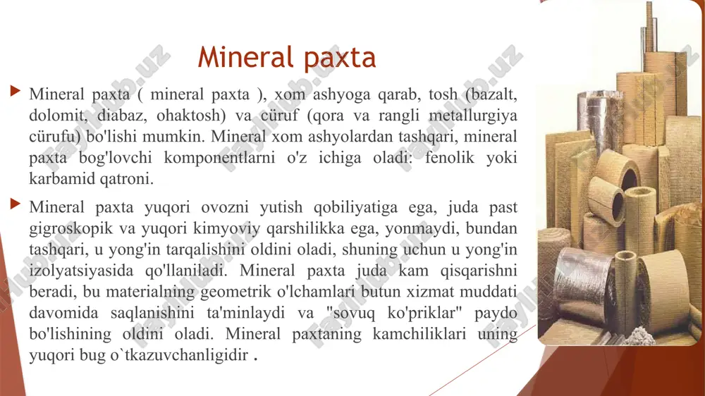 zenekli tuzilishga ega, elastik, silliq sirtga ega, bardoshli, biologik va kimyoviy jihatdan chidamli va ekologik toza. zamin qoplamalari ostidagi issiqlik izolatsiyasi uchun, ichki qoplamalarni izolyatsiyalash uchun, panellararo tikuvlarni, o'rnatish bo'shliqlarini, quvurlarni issiqlik izolatsiyasini, shuningdek, ovozni yutish tizimlarini yopish uchun ishlatiladi. poliuretan ko'piklari disosiyanid , emulsifikatorlar va katalizatorlarni o'z ichiga olgan kimyoviy reaktsiya natijasida olinadi . issiqlik va gidroizolyatsion xususiyatlarga qo'shimcha ravishda , poliuretan ko'pik yuqori akustik izolyatsiyalash qobiliyatiga va kimyoviy qarshilikka ega. ular "sovuq ko'priklar" paydo bo'lishining oldini olgan holda, har qanday murakkablikdagi tuzilmalarni gidroizolyatsiya va izolyatsiya qilish imkonini beruvchi arralangan issiqlik izolatsiyasi uchun ishlatiladi. mipora mo'rtlikni kamaytirish uchun glitserin qo'shilgan karbamid -formaldegid smolasining suvli emulsiyasini ko'piklash orqali olingan qattiq ko'pik . ushbu material shuningdek, neft sulfonik kislotalarini (ko'pikli vosita sifatida) va organik kislotalarni (katalizator sifatida) o'z ichiga oladi. mipore bloklar, plitalar yoki maydalangan holda etkazib berilishi yoki xona haroratida qotib qoladigan tuzilmalar va bo'shliqlarga quyilishi mumkin. mipora, 500 ° …