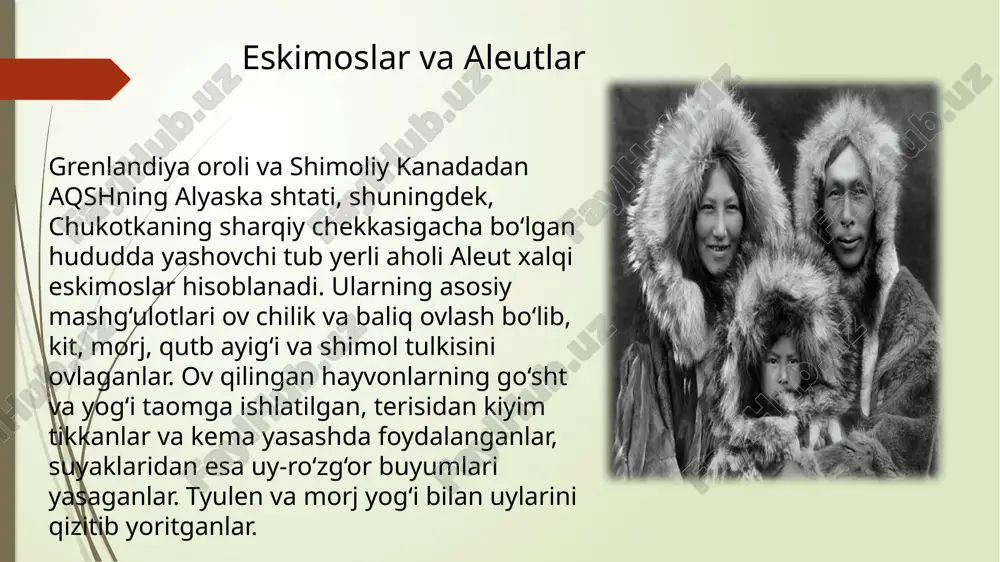 zaiflashib qoldi. bunday sharoitda markaziy amerikani zabt eta boshlagan ispan konkistadorlari ernan kortes boshchiligida 1521-yilda tenochtitlanni egallab, atsteklar davlatini tugatdilar inklar davlati inklar davlati janubiy amerika hindularining hududi va aholisi boʻyicha eng yirik davlati hisoblanib, uning markazi quyosh shahri – kusko edi. xiii asrga kelib inklar kuchayib, qabilalar ittifoqiga bosh bo‘ladi hamda hukmron qabila sifatida tan olinadi. inka pachakutek hukmronligi davrida janubiy amerikaning ko‘plab qabilalari bo‘ysundirilib, inklar imperiyasi vujudga keladi. imperiya toʻrt viloyatga boʻlingan. viloyat larning har birini hukmdorning bevosita qarindoshlari bo‘l gan gubernatorlar bosh qargan. davlatni oliy inka bosh qarib, qo‘shinlarga qo‘mondonlik qilgan, sud va qonun chiqaruvchi hokimiyat uning qo‘lida bo‘lgan. image1.jpeg image2.png image3.jpeg image4.jpg image5.png image6.png image7.png image8.png image9.png image10.png image11.png /docprops/thumbnail.jpeg