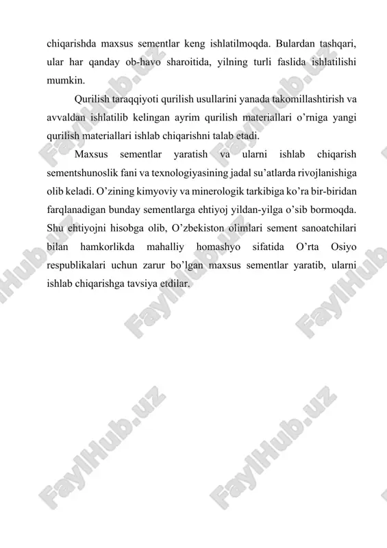 i darajada kuydirilgan gips olish uchun gips yuqori haroratda (600-900˚c) kuydiriladi. u asosan suvsiz gips (angidrid)dan iborat bo’lib, sekin qotishi bilan farqlanadi. qurilish gipsi – bog’lovchi modda tarkibi β – yarim suvli gipsdan iborat. uni tabiiy gipsni kuydirib mayda kukun holatgacha tuyib olinadi. qurilish gips issiqlik uskunalarda kuydiriladi va kristallangan suv bug’ ko’rinishida caso4 · 2h2o dan ajraladi va asosan β-yarim gidrat quyidagi reaksiya bo’yicha hosil bo’ladi. caso4 · 2h2o= caso4 · 0,5h2o+1,5h2o ishlab chiqarish jarayoni asosan gipsni un holiga keltirish va gipstoshni suvsizlantirishdan iborat. gips toshi suvsizlantirish pishirish qozonlarida, aylanma, shaxta pechlarida, bug’latgich asboblarida va boshqa uskunalarda amalga oshiriladi. shaxta pechlarga gipstoshi 70-300 mm o’lchamda uzatiladi, aylanma pechlarga 10-35 mm o’lchamda, bug’latuvchi asboblarga gipstosh 400 mm bo’lgan bo’laklarda beriladi. gipstosh lunjli, konusli, bolg’ali maydalagichlarda maydalanadi va shaxta, aerobil sharli tegirmonida un holatiga keltiriladi. kuydirilgan moddani asosan sharli va zarbali tegirmonda maydalanadi. quritilgan gips oson maydalanadi va kam elektr quvvat …