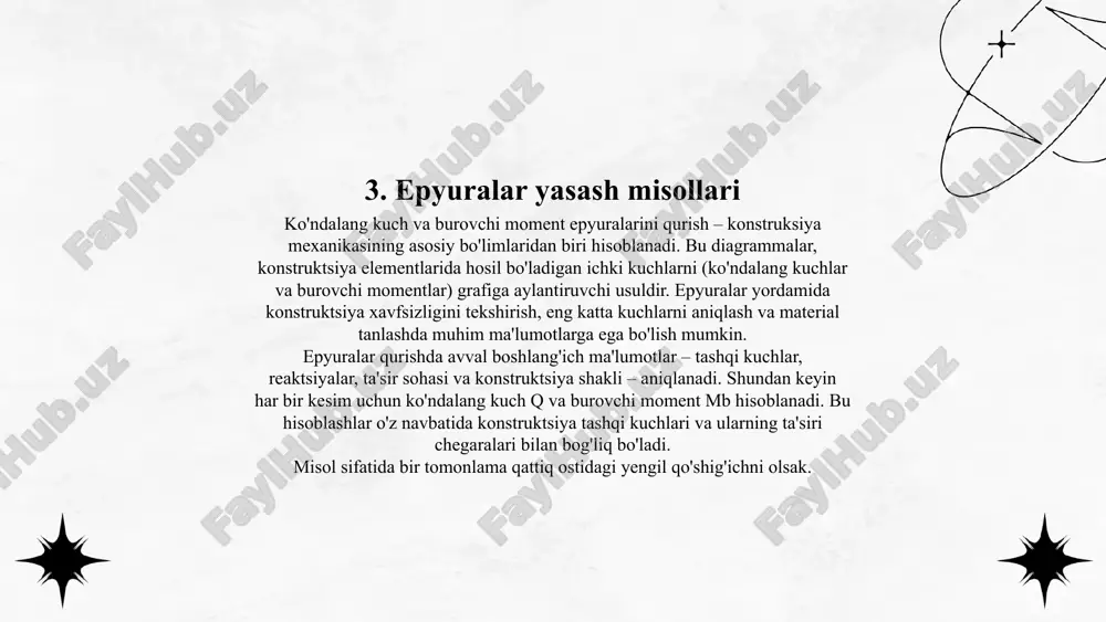 i moment diagrammalari (epyuralar) konstruksiya mexanikasida muhim ahamiyatga ega. bu diagrammalar qurilma elementlariga ta'sir qiluvchi kuchlarning taqsimlanishini ko'rsatadi. uzluksiz yuklarning ta'siri xususan, konstruksiyaning har qanday nuqtasida kuchlar va momentlar o'zgarishi bilan bog'liq bo'ladi. shu sababli, bu diagrammalarni to'g'ri qurish uchun yaxshi tushunish va hisoblashlarni amalga oshirish kerak. uzluksiz yuklarning ta'siri deb, konstruksiya bo'ylab bir xil yoki o'zgaruvchan tarzda ta'sir qiluvchi yuklarga aytiladi. masalan, binoning o'zi, poydevor yoki havfli hamma narsa uzluksiz yuk sifatida qaraladi. bu turiyadagi yuklarni hisoblashda konstruksiyaning har bir kesimida kuchlar va momentlar aniqlash zarur. ko'ndalang kuch q konstruksiya kesimiga perpendikulyar yo'nalgan kuch, burovchi moment mb esa shu kesimga parallel yo'nalgan momentdir. ko'ndalang kuch (q) va burovchi moment (mb​) diagrammalari (epyuralari) materiallar qarshiligi va qurilish mexanikasi fanlarining asosiy tushunchalaridan bo'lib, balkalarning (to'sinlarning) ichki zo'riqish holatini o'rganishda juda muhimdir. bu diagrammalar balka uzunligi bo'ylab kesimlardagi ichki kuchlarning qiymati qanday o'zgarishini vizual tarzda ko'rsatadi. ushbu maqolada biz bu diagrammalarni qurishning …