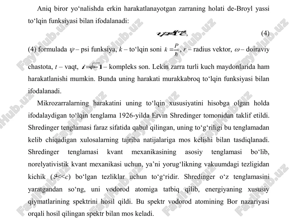 dalanadi: )(tkri ae     , (4) (4) formulada  – psi funksiya, k – to‘lqin soni  p k , r – radius vektor,  – doiraviy chastota, t – vaqt, 1i – kompleks son. lekin zarra turli kuch maydonlarida ham harakatlanishi mumkin. bunda uning harakati murakkabroq to‘lqin funksiyasi bilan ifodalanadi. mikrozarralarning harakatini uning to‘l qin xususiyatini hisobga olgan holda ifodalaydigan to‘lqin tenglama 1926 -yilda ervin shredinger tomonidan taklif etildi. shredinger tenglamasi faraz sifatida qabul qilingan, uning to‘g‘riligi bu tenglamadan kelib chiqadigan xulosalarning tajriba natijalar iga mos kelishi bilan tasdiqlanadi. shredinger tenglamasi kvant mexanikasining asosiy tenglamasi bo‘lib, norelyativistik kvant mexanikasi uchun, ya’ni yorug‘likning vakuumdagi tezligidan kichik ( 0 bo‘lganda, zarraning energetik spektri uzluksiz bo‘ladi. zarra noldan farq qiladigan ehtimoliyat bilan cheksizlikka ketishi mumkin yoki e>0 bo‘lganda, zarra harakati infinit bo‘ladi. infinitlik sharti klassik mexanikada ham shunday. atomning mumkin bo‘lgan statsionar holatlar soni (yoki energetik holatlar soni) u(x) …