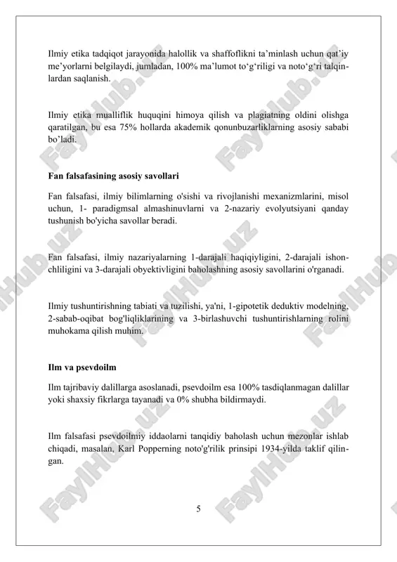 y-texnikaviy taraqqiyotning ijtimoiy oqibatlarini o'rganish bilan boshlangan. jamiyatdagi ilmiy bilimlarning tarqalishi va qabul qilinishi, masalan, 5g texnologiyasiga munosabat, 'ilm va jamiyat'ning muhim aspektidir. ilmiy nazariyalar va modellar ilmiy nazariyalar 1-darajali modellar bilan bog'liq bo'lib, ular empirik ma'lumotlarni 95% aniqlikda tushuntirib, bashorat qilish uchun ishlatiladi va doimiy sinovdan o'tadi. ilmiy modellar 2 xil shaklda bo'lishi mumkin: matematik tenglamalar va vizual tasvirlar, 70% hollarda ma'lum bir hodisaning asosiy xususiyatlarini aks ettiruvchi soddalashtirilgan ko'rinishlardir. nazariyalar, masalan, 3 ta asosiy elementdan iborat: axborot, tushuntirish va bashorat qilish. modellar 85% hollarda nazariyani amalda qo'llash uchun vosita bo'lib xizmat qiladi va uni konkretlashtiradi. fan falsafasining tadqiqot obyekti fan falsafasining tadqiqot obyekti – bu ilmiy bilimlarning tuzilishi, shakllanishi va rivojlanish qonuniyatlari, ayniqsa 20-asrda kuzatilgan paradigmalar almashinuvi. fan falsafasi, shuningdek, ilmiy usullar, eksperimentlar, kuzatishlar, tasniflash, ilmiy tushuntirish, bashorat qilish va ularning ilmiy bilishdagi rolini 18 va 19-asrlarda chuqur tahlil qiladi. ushbu soha ilmiy nazariyalarning asoslanganligi, faktlar bilan mos …