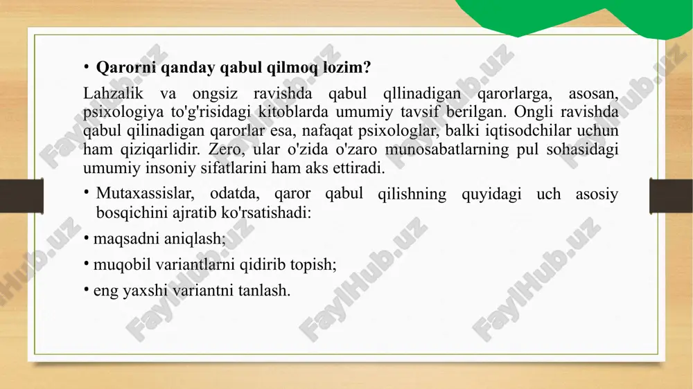 a) reklama b) daromad va xarajat muvozanati c) do‘stlarning fikri d) valyuta kursi 3.moliyaviy qaror qabul qilish jarayonida alternativ variantlarni taqqoslash nima uchun muhim? a) qaror qabul qilishni qiyinlashtiradi b) eng samarali variantni tanlash imkonini beradi c) vaqtni yo‘qotadi d) xarajatlarni oshiradi 4.shaxsiy moliyada uzoq muddatli qaror qabul qilishning misoli qaysi? a) kunlik oziq-ovqat xaridi b) telefon uchun to‘lov qilish c) uy sotib olish yoki ipoteka olish d) do‘stlarga sovg‘a olish 5.qaror qabul qilishda "riskni baholash" deganda nima tushuniladi? a) har doim yutish imkoniyati b) potensial yo‘qotish va foydani oldindan aniqlash c) tez qaror chiqarish d) kutilmagan sovg‘a 6.moliyaviy qaror qabul qilishda hissiyotlarga berilish qanday oqibatlarga olib kelishi mumkin? a) to‘g‘ri qarorlar b) moliyaviy yo‘qotishlar c) tejamkorlik d) kapital ortishi 7.qaror qabul qilishning birinchi qadami odatda qaysi bosqichdan boshlanadi? a) riskni tahlil qilish b) muammoni aniqlash c) variantlarni solishtirish d) qarorni amalga oshirish 8.shaxsiy moliyani rivojlantirishda investitsiya qarorlari qaysi maqsadga …