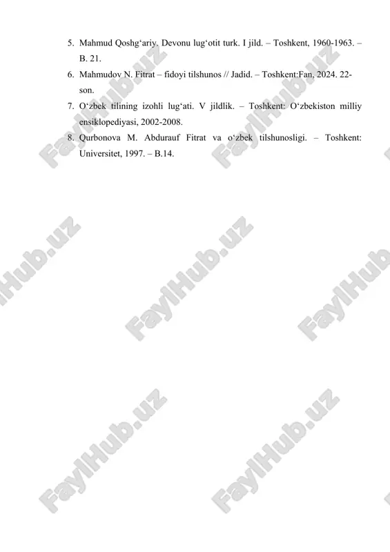 ‘ldir. bu ayniqsa, bugungi globallashuv texnika davrida to‘xtovsiz ravishda to‘g‘ridan to‘g‘ri ingliz tilidan kirib kelayotgan terminlarni tartibga solishda, takomillashtirishda bajarilishi lozim bo‘lgan muhim amaliy ishlardandir. xulosa qilib aytganda, abdurauf fitrat o‘zbek tilshunosligi tarixida turk tili uchun zalvorli mehnat qilgan mahmud qoshg‘ariy, alisher navoiy kabi buyuklar qatorida turuvchi o‘z xalqiga, ona tiliga sodiq, fidoyi xizmat qilgan qomusiy olimdir. foydalanilgan adabiyotlar: 1. abdurauf fitrat. tanlangan asarlar. i-v jildlar. – toshkent, 2000-2006. 2. abdushukurov b. o‘zbek adabiy tili tarixi. – toshkent, 2020. – b. 151. 3. alisher navoiy. muhokamat ul-lug‘atayn. – toshkent, 2011. 4. fitrat. tilimiz. “ishtirokiyun”, 1919-yil, 132-son. 5. mahmud qoshg‘ariy. devonu lug‘otit turk. i jild. – toshkent, 1960-1963. – b. 21. 6. mahmudov n. fitrat – fidoyi tilshunos // jadid. – toshkent:fan, 2024. 22-son. 7. o‘zbek tilining izohli lug‘ati. v jildlik. – toshkent: o‘zbekiston milliy ensiklopediyasi, 2002-2008. 8. qurbonova m. abdurauf fitrat va o‘zbek tilshunosligi. – toshkent: universitet, 1997. – b.14.