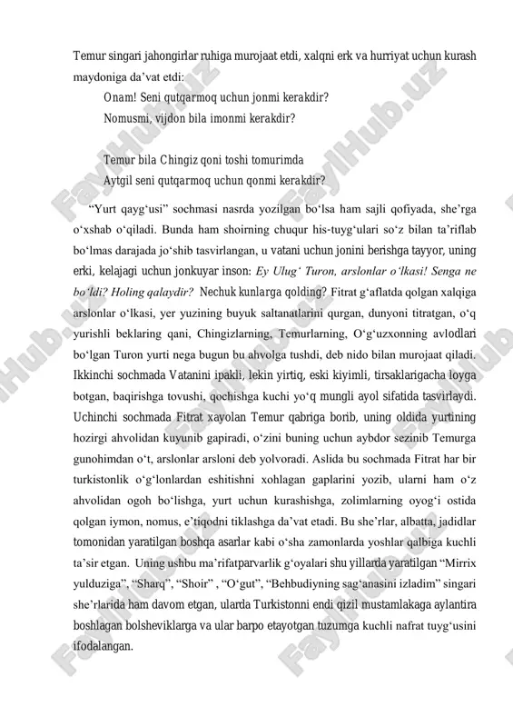 mustamlakachilik kishanlarini parchalab, istiqlol uchun kurashga da’vat etuvchi she’rlar yozishga kirishgan. ammo an’anaviy aruz vazni, uning nazarida, bunday zamonaviy g‘oyani ifodalash, xalqni oyoqqa qalqtirish va safarbar etish kuchiga ega emas edi. shuning uchun ham fitrat turk va tatar she’riyatlarida shakllangan, o‘zbek xalq og‘zaki she’riyatida ayrim unsurlari bo‘lgan sochmani milliy adabiyotimizga olib kirdi. shoir “yurt qayg‘usi” deb nomlangan bir she’r va 4 ta sochma yozib, ularda hurriyat uchun kurash g‘oyasini baralla kuyladi. fitrat mazkur sochmalarida turkistonni xo‘rlangan ona obrazida tasvirlab, bu jabrdiyda onani zulm asoratidan xalos etish uchun amir temur singari jahongirlar ruhiga murojaat etdi, xalqni erk va hurriyat uchun kurash maydoniga da’vat etdi: onam! seni qutqarmoq uchun jonmi kerakdir? nomusmi, vijdon bila imonmi kerakdir? temur bila chingiz qoni toshi tomurimda aytgil seni qutqarmoq uchun qonmi kerakdir? “yurt qayg‘usi” sochmasi nasrda yozilgan bo‘lsa ham sajli qofiyada, she’rga o‘xshab o‘qiladi. bunda ham shoirning chuqur his-tuyg‘ulari so‘z bilan ta’riflab bo‘lmas darajada jo‘shib tasvirlangan, …