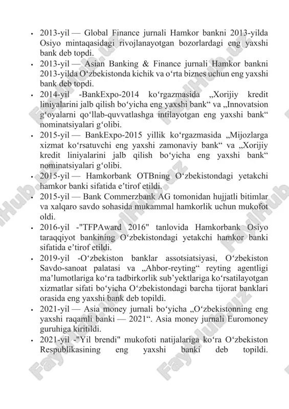 , investitsiya, risklar va boshqa sohalarni qamrab oladi. ushbu tizim bank faoliyatini samarali boshqarishga, strategik maqsadlarga erishishga xizmat qiladi. jarayonlar samaradorligi bank faoliyatidagi asosiy jarayonlar muntazam tahlil qilinib, samaradorligini shirish bo'yicha chora-tadbirlar ko'rilmoqda. bu mijozlarga sifatli xizmatlar ko'rsatishni ta'minlaydi va xarajatlarni kamaytiradi. manbalar 1. ↑ „aktsionerno kommercheskiy bank “hamkorbank” s uchastiem inostrannogo kapitala“ (ru). tsentralniy bank respubliki uzbekistan (2021-yil 25-may). 2021-yil 25-sentyabrda asl nusxadan arxivlangan. qaraldi: 2021-yil 7-oktyabr. 2. ↑ „filiali“ (ru). hamkorbank. 2021-yil 7-oktyabrda asl nusxadan arxivlangan. qaraldi: 2021-yil 7-oktyabr. 3. ↑ „chleni birji“ (ru). 2021-yil 7-oktyabrda asl nusxadan arxivlangan. qaraldi: 2021-yil 7-oktyabr. 4. ↑ „organizatsii: aktsionerno-kommercheskiy bank "hamkorbank". arb: assotsiatsiya rossiyskix bankov“. arb.ru. 2021-yil 7-oktyabrda asl nusxadan arxivlangan. qaraldi: 2021-yil 7-oktyabr. 5. ↑ „valyutnaya birja -“. www.uzrvb.uz. 2021-yil 5-oktyabrda asl nusxadan arxivlangan. qaraldi: 2021-yil 7-oktyabr. 6. ↑ „reytingi bankov“ (ru). assotsiatsiya bankov uzbekistana. 2021-yil 8-oktyabrda asl nusxadan arxivlangan. qaraldi: 2021-yil 7-oktyabr. 7. ↑ „mfk stala aktsionerom“ (ru-uz). gazeta.uz …
