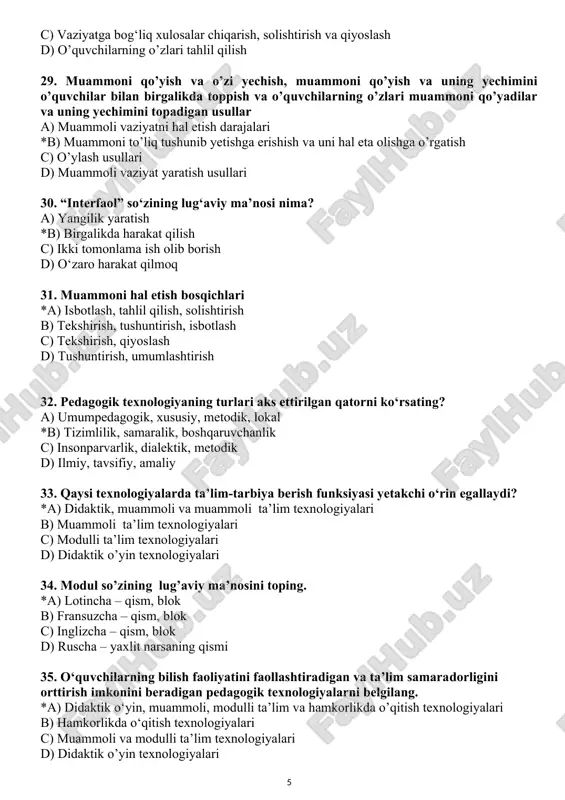 yilishi bo’lgan masalalarni yechichni taklif etadigan usul *a) interfaol usul b) muammoli vaziyat yaratish usullari c) aqliy hujum d) didaktik usul 28. muammoli vaziyatni yechishda qo‘llaniladigan usullar *a) muammoni turli nuqtai-nazardan o‘rganish, tahlil qilish, solishtirish, umumlashtirish; faktlarni aniqlash va qiyoslash b) ikki tomonlama ish olib boorish, umumlashtirish c) vaziyatga bog‘liq xulosalar chiqarish, solishtirish va qiyoslash d) o’quvchilarning o’zlari tahlil qilish 29. muammoni qo’yish va o’zi yechish, muammoni qo’yish va uning yechimini o’quvchilar bilan birgalikda toppish va o’quvchilarning o’zlari muammoni qo’yadilar va uning yechimini topadigan usullar a) muammoli vaziyatni hal etish darajalari *b) muammoni to’liq tushunib yetishga erishish va uni hal eta olishga o’rgatish c) o’ylash usullari d) muammoli vaziyat yaratish usullari 30. “interfaol” so‘zining lug‘aviy ma’nosi nima? a) yangilik yaratish *b) birgalikda harakat qilish c) ikki tomonlama ish olib borish d) o‘zaro harakat qilmoq 31. muammoni hal etish bosqichlari *a) isbotlash, tahlil qilish, solishtirish b) tekshirish, tushuntirish, isbotlash c) tekshirish, …
