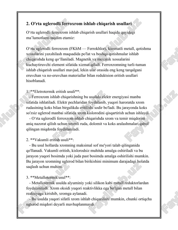 r muhim elektr energiyasiga ehtiyoj sezadi. shuning uchun, energetik xarajatlar va energiya taʼminoti masalalari ham xomashyo tanlovida e'tiborga olinishi kerak. energiya tejash choralarini ko'rish, masalan, issiqlik regeneratorlari va chiqindi issiqlik tiklash tizimlari ishlatilishi mumkin. 6. **ekologik omillar**: bugungi kunda ishlab chiqarish jarayonlarida ekologik talablar katta o'rin tutmoqda. xrom rudalarini qazib olish va qayta ishlash jarayonlarida atrof-muhitga salbiy ta'sirlarni minimallashtirish muhim ahamiyat kasb etadi. shu bilan birga, chiqindi va boshqa toksik moddalarni to'g'ri boshqarish va qayta ishlash tizimlarini joriy etish talab etiladi. ferroxrom ishlab chiqarishda xomashyo tanlovi jarayoni bir qator texnik va iqtisodiy mezonlarni e'tiborga olishni talab etadi. ishlab chiqarish samaradorligi va sifatini ta'minlash uchun eng yaxshi xomashyo manbalarini aniqlash va ulardan oqilona foydalanish muhimdir. shu sababli, manba lokatsiyasi, xomashyo sifat parametrlari, ular sotib olish va transport xarajatlari, hamda ishlab chiqarish jarayoniga bevosita ta'sir qiluvchi boshqa omillar qat'iy tahlil qilinishi kerak. bu esa ferroxrom ishlab chiqarish jarayonida barqarorlikni saqlash va raqobatbardoshlikni …