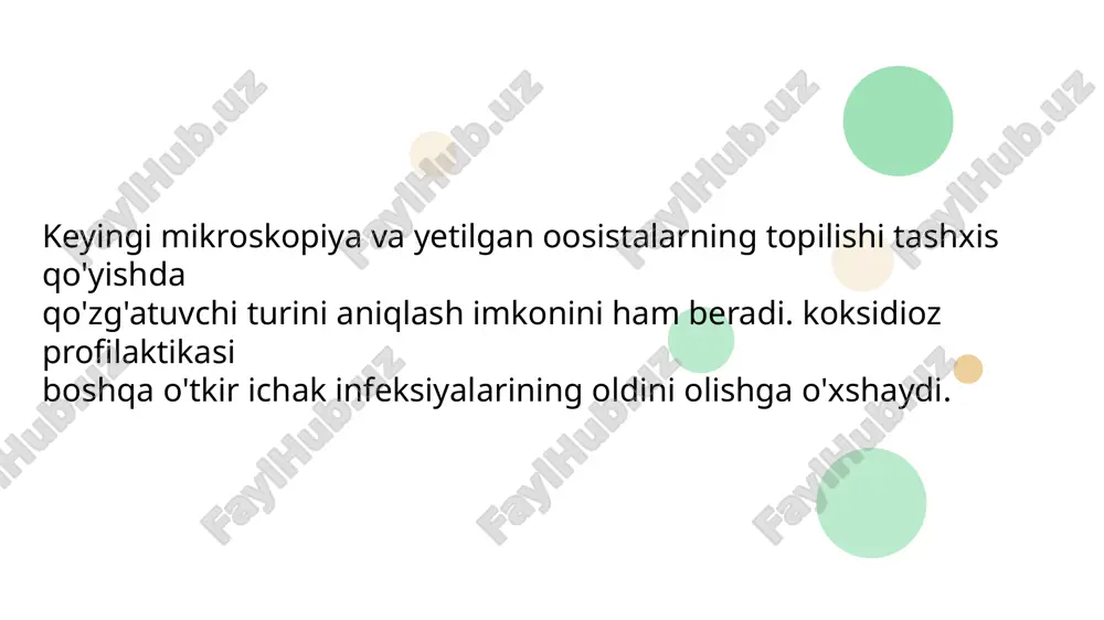 idlardan biri tuxum hujayrasi ich iga kirib, uning yadrosi bilan qo'shilishi natijasida urug'lanish sodir bo'ladi. zigota o'zidan ikki qavatli mustahkam qobią ishlab chiqarib, oosistaga aylanadi. oosistaning bundan keyingi rivojlanishi organizmdan tashqari da boradi. tashqi muhitda oosista yadrosi ikki marta boʻlinadi; har qaysi yadro bo'lagi sitoplazma bilan o'ralib, to'rtta sporoblast hosil boʻladi. qattiq po'st bilan o'ralgan sporoblastlar sporalar (yoki sporosistalar) deyiladi. har bir sporaning yadrosi yana bo'linib, ikkita sporozoitni hosil qiladi. oosista ana shu davrda invaziyali (zararlaydigan) bo'lib qoladi. ana shu tarzda, har bir invaziyali oosistadan 4 tadan sporalar va har qaysi sporada 2 tadan sporozoitlar bo'ladi. invaziyali oosista hayvonlarning ichagiga. tushganida sporalardan va oosistadan sporozoitlar chiqib, rivojlanish yana qaytadan boshlanadi. 13 elektron mikroskopda olib borilgan tekshirishlarda koksidiyalarning ancha murakkab tuzilganligi aniqlangan. ularning tanasi uchta membranadan tashkil topgan pellikula bilan qoplangan. pellikula ostida esa naysimon fibrillar sistemasi (subfibrillar mikronaychalar) joy lashgan. merozoitlar va sporozoitlar juda kichik (8 mkm), bir-biriga o'xshash tuzilgan …