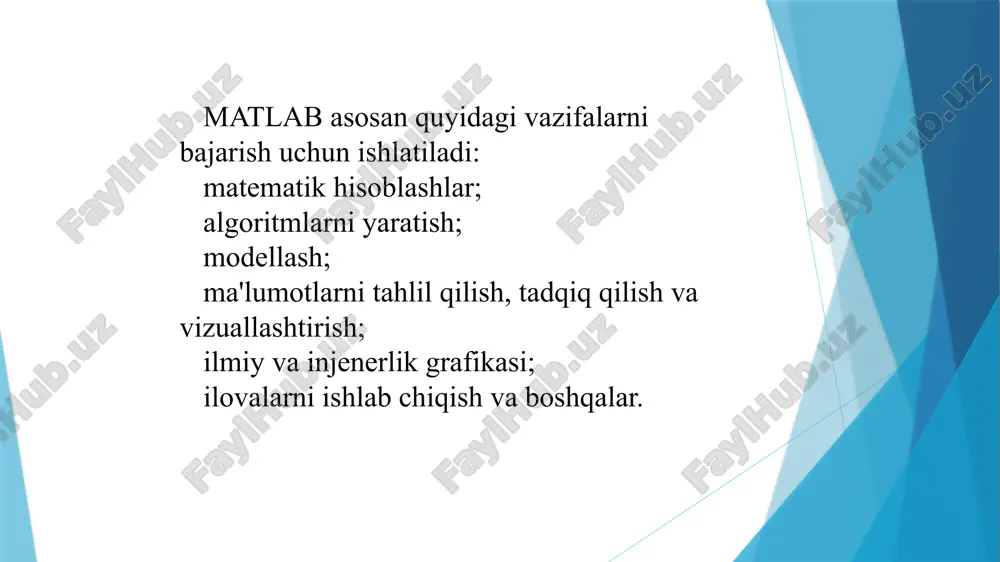 an. » z=2+3i z = 2.0000 + 3.0000i » abs(z) ans = 3.6056 » real(z) ans= 2 » imag(z) ans = 3 » angle(z) ans = 0.9828 sonning haqiqiy qismi re(z) ni real (z) funktsiyasi qaytaradi, imag(z) funktsiyasi esa — mavhum ( im(z)) qismini qaytaradi. kompleks sonning modulini olish uchun abs(z) funktsiya va fazasini olish uchun angle(z) funktsiya ishlatiladi. tizim o'zgaruvchilariga misollar: » 2*pi ans = 6.2832 » eps ans = 2.2204e-016 » real min ans= 2.2251e-308 » realmax ans= 1.7977e+308 » 1/0 warning: divide by zero, ans= inf » 0/0 warning: divide by zero, ans = nan matnli izohlar matlab murakkab hisoblar uchun ishlatilishi sababli ularning tavsiflari yaqqol va tushunarli bo'lishi kerak. buning uchun matn izohlari qo'llaniladi. matn izohlari % simvoli yordamida kiritiladi, masalan: % factorial function matlab ingliz tilidagi mahsulot. shu sababli izohlar (ayniqsa, m-fayllarda) rus harflari yordamida terilgan dasturlar ishlamasligi mumkin. bundan tashqari, izohlarda ruscha «s» harfi …