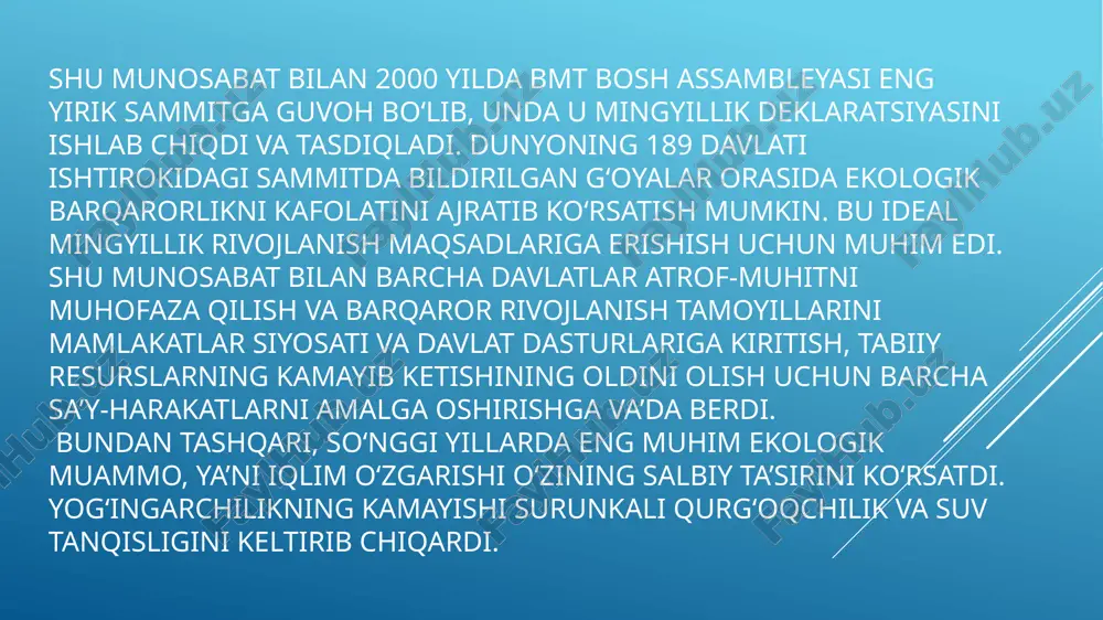 asidagi ustuvor milliy maqsadlar va vazifalarga erishishga to‘sqinlik qilmoqda. uzoq muddatli strategiyaning mavjud emasligi “yashil” texnologiyalarni joriy etish va “yashil” iqtisodiyotga o‘tish bo‘yicha tizimli choralar ko‘rishni ta’minlashga imkon bermayapti. o‘zbekiston respublikasining “yashil” iqtisodiyotga o‘tishining asosiy vazifalari sifatida quyidagilar belgilangan:  texnologik modernizatsiyalash va moliyaviy mexanizmlarni rivojlantirish orqali iqtisodiyotning energiya samaradorligini oshirish va tabiiy resurslardan oqilona foydalanish;  davlat investitsiyalari va xarajatlarining ustuvor yo‘nalishlariga ilg‘or xalqaro standartlarga asoslangan “yashil” mezonlarni kiritish;  davlat tomonidan rag‘batlantirish mexanizmlarini, davlat-xususiy sherikchilikni rivojlantirish hamda xalqaro moliyaviy institutlar bilan hamkorlikni faollashtirish orqali “yashil” iqtisodiyotga o‘tish yo‘nalishlari bo‘yicha tajriba-sinov loyihalarini amalga oshirishga ko‘maklashish;  ta’limga investitsiyalar kiritishni rag‘batlantirish, yetakchi xorijiy ta’lim muassasalari va ilmiy-tadqiqot markazlari bilan hamkorlikni rivojlantirish hisobiga “yashil” iqtisodiyotdagi mehnat bozori bilan bog‘liq kadrlarni tayyorlash va qayta tayyorlash tizimini rivojlantirish;  orolbo‘yidagi ekologik inqirozning salbiy ta’sirini yumshatish choralarini ko‘rish;  “yashil” iqtisodiyot sohasida, shu jumladan ikki tomonlama va ko‘p tomonlama shartnomalar tuzish orqali xalqaro hamkorlikni …
