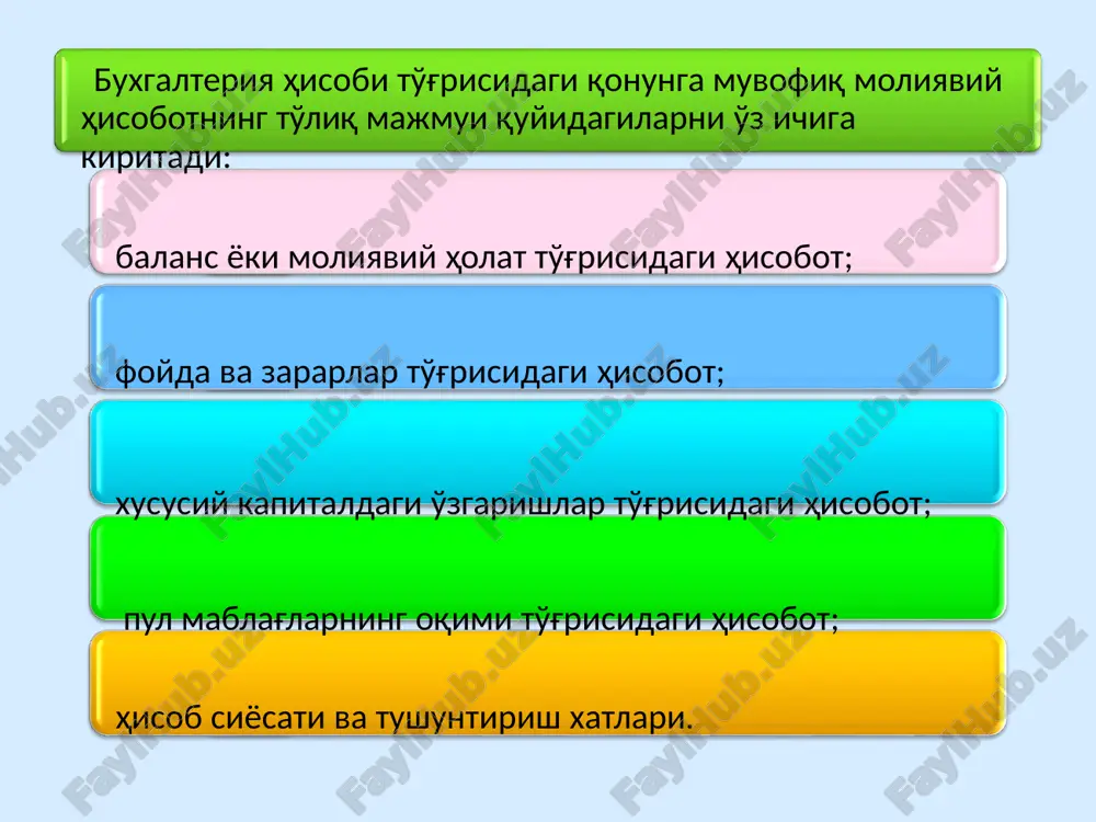 r 1) 010-satr "naqd pullar" bo'yicha quyidagi hisobvaraqlardagi qoldiqlar summasi ko'rsatilishi lozim: - aylanma kassadagi naqd pullar; - limitdan ortiqcha naqd pul mablag'lari sverxlimitnie nalichnie denejnie sredstva; • • • cheklar va boshqa to'lov hujjatlari; bankomatlardagi naqd pullar. 2) 020-satr "bankning o'zbekiston respublikasi markaziy bankidan olishi lozim bo'lgan summalari" bo'yicha quyidagi hisobvaraqlardagi qoldiqlar summasi ko'rsatilishi lozim: - o'zrmbdagi vakillik hisobvarag'idan olinishi lozim bo'lgan - nostro; - o'zrmbning vakillik hisobvarag'idan olinishi lozim bo'lgan - vostro, overdraft; - o'zr mbdan olinishi lozim bo'lgan naqd pullar; - o'zr mbdagi majburiy zaxiradan olinishi lozim bo'lgan summalar; - o'zr mbdan olinishi lozim bo'lgan depozitlar; - o'zr mbga berilgan kreditlar va bo'naklar; - olinishi lozim bo'lgan foizlar. 3) 030-satr "bankning boshqa banklardan olishi lozim bo'lgan summalari" bo'yicha quyidagi hisobvaraqlardagi qoldiqlar summasi ko'rsatilishi lozim: - boshqa banklardagi vakillik hisobvaraqlaridan olinishi lozim bo'lgan - nostro; - boshqa banklarning vakillik hisobvaraqlaridan olinishi lozim bo'lgan - vostro, overdraft; - boshqa …