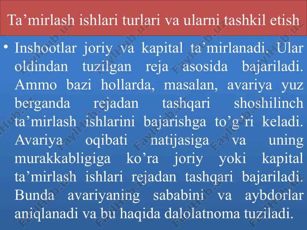 tal vallarni o’qdoshlashtirish moslamasi (14-slayd) zichlab yopishtirilgan detallarni ajratish uchun maxsus moslamalar (syomnik) (15-slayd); elektrodvigatel va ishci g’ildirakni qismlarga ajratish uchun metall stol. ta’mirlash ishlarini jadallashtirish va tannarxini kamaytirish maqsadida ustaxonalarda ta’mirlash jarayonlarni mexanizatsiyalash, yangi texnologiyalarni joriy etish, mavjud ishchi qurilmalarni modernizatsiyalash, samarali materiallarni tabiq etish, ehtiyot qismlar sarfini kamaytirish, mehnatni tashkil etishni takomillashtirish, moddiy texnik bazani boytib borish zarur. g’ldirakli tayanchdagi ish g’ildirakni statik balansirovka qiluvchi moslama 1-parraklar; 2-tayanch; 3-rolikli disk; 4-tayanch val; 5- qo’shimcha yuk; 6-vtulka ; 7- mustahkamlash boltlari teshiklari valni o’qdosh qiluvchi skoba ajratkich (syomnik)lar a) podshibniklarni sug’urish uchun; b) ish g’ildiragini valdan ajratkich; v) podshibnikni valdan ajratkich. audio1.wav audio10.wav image1.jpeg image2.jpeg image3.jpeg image4.jpeg /docprops/thumbnail.jpeg