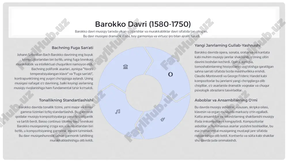 erliozning "fantastik simfoniyasi" bunga yorqin misol boʻla oladi. hissiyot va shaxsiy ifoda bu davrda musiqa nafaqat quloqqa yoqimli ohanglar yigʻindisi, balki insoniy hissiyotlar, ehtiroslar, orzular va shaxsiy kechinmalarni ifodalovchi asosiy vosita sifatida koʻrildi. kompozitorlar oʻz asarlarida individual uslub va oʻziga xoslikni qadrladilar. bu esa musiqiy tahlilchilar oldiga yangi vazifalar qoʻydi: musiqaning psixologik va estetik mazmunini tahlil qilish. 7 oʻrta osiyo musiqashunosligi tarixi abu nasr farobiy (873-yil) ulugʻ mutafakkir va olim abu nasr farobiy oʻrta osiyo musiqashunosligining asoschilaridan biri hisoblanadi. uning "kitob al-musiqa al-kabir" ("musiqa haqida katta kitob") asari musiqiy nazariya, akustika va ijro etish amaliyotiga bagʻishlangan. bu asar sharq va gʻarb musiqiy tafakkuriga ulkan taʼsir koʻrsatgan boʻlib, musiqani matematika va falsafa bilan bogʻlagan holda tizimli tahlil qilgan. farobiyning ishlari musiqiy asboblarning tuzilishi, intervallar, modlar va ritmika boʻyicha chuqur bilimlarni oʻz ichiga oladi. qadimiy ildizlar va maqom anʼanalari oʻrta osiyo xalqlari musiqiy madaniyatining ildizlari ming yilliklarga borib taqaladi. maqom anʼanalari mintaqa …