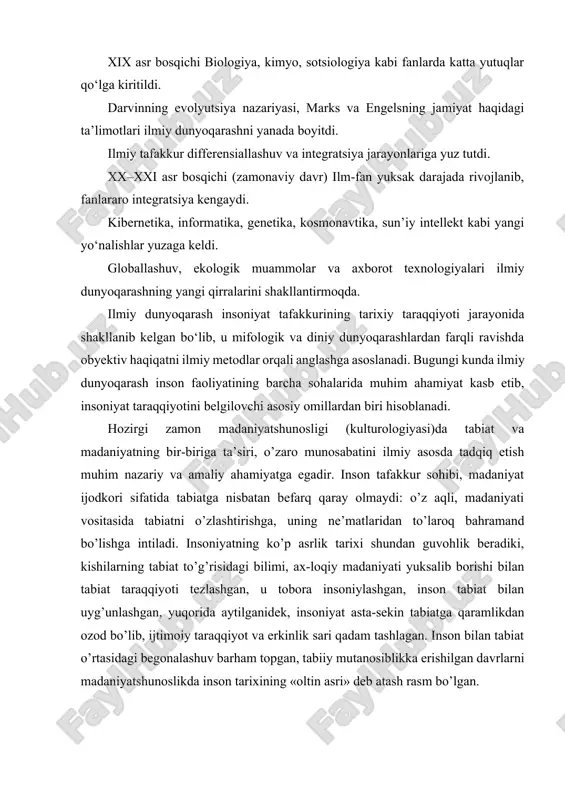 rkinlik sari qadam tashlagan. inson bilan tabiat o’rtasidagi begonalashuv barham topgan, tabiiy mutanosiblikka erishilgan davrlarni madaniyatshunoslikda inson tarixining «oltin asri» deb atash rasm bo’lgan. barcha diniy ta’limotlar, falsafiy tizimlar tabiat va madaniyat o’rtasidagi g’oyat murakkab muammolami oqilona hal etish, tabiiy mutanosiblikni shakllantirish, ekologik madaniyatni rivojlantirish uchun xizmat qilgan. ekologik inqirozlar, insonning tabiatdan begonalashuvi, tabiatni shafqatsiz ekspluatatsiya qilish — ma’naviy qashshoqlik, insonning o’z mohiyatidan begonalashuvi madaniy taraqqiyotdagi umumiy tanazzul bilan bog’liqdir. insoniyatning tabiatga bo’lgan munosabati uning o’z-o’ziga bo’lgan munosabatidir: tabiat aqlli mavjudot bo’lgan hazrati insonni yaratish bilan tabiiy taraqqiyotdagi vorislik, uzluksizlik va tartib-intizomni qaror toptirgan. tabiat jonsiz, hissiz va ongsiz borliq emas, balki o’ta ta’sirchan, o’ta «aqlii» va donodir. tabiat to’g’risida chuqur bilimga, intellektual salohiyatga, axloqiy va ekologik madaniyatga ega bo’lgan ulug’ ajdod-l-inmiz tabiatni avaylab-asrashga, barcha tirik mavjudot haqida g’amxo’rlik qilishga intilganlar. insoniyat tarixi — madaniyatning shakllanishi, ravnaq topishi va madaniy yuksalishning inqirozlar bilan almashinishi tarixidan boshqa narsa emasdir. biroq har …
