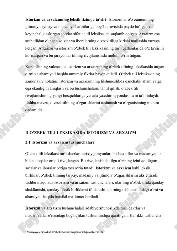 ta'siri: arxaizm arab tilidan o'zbek tiliga kirib kelgan so'zlar va iboralarning umumiy nomidir. bu ta'sir asosan ix-x asrlar atrofida, islom dini va madaniyatining o'zbek xalqiga kirib kelishi bilan kuchaygan. · lug‘aviy boylik: arxaizm o'zbek tilining lug‘aviy boyligini oshiradi, chunki arab tilidan kirgan so'zlar ko‘plab ilmiy, diniy, falsafiy va ijtimoiy-madaniy sohalarga oid bo‘lgan. bu so'zlar o'zbek tilining jonli va rang-barang bo‘lishini ta'minlaydi. · sotsiokul'tural omil: arxaizm o'zbek xalqining tarixiy va madaniy aloqalari orqali shakllangan. o'zbek tilida arab tilidan kirgan so'zlar va iboralar o'z vaqtida o'zbek madaniyati va ilm-fanining rivojlanishiga katta hissa qo'shgan.[footnoteref:5] [5: o'zbekiston respublikasi konstitutsiyasi (1992-yil)] arxaizmning o'zbek tilidagi roli: · o'zbek tilida arab tilidan kirgan so'zlar ko‘pincha diniy, ilmiy, adabiy va siyosiy kontekstda ishlatiladi. misol uchun, "ilm", "hikmat", "din", "tarix", "qalam", "hukm" kabi so‘zlar arab tilidan kelib chiqqan va ularning ma'no doirasi o‘zbek tilida kengaygan. · arxaizm o'zbek adabiyotida, ayniqsa, klassik adabiyotda keng tarqalgan. tabiiyki, bu ta'sir asosan islomiy …