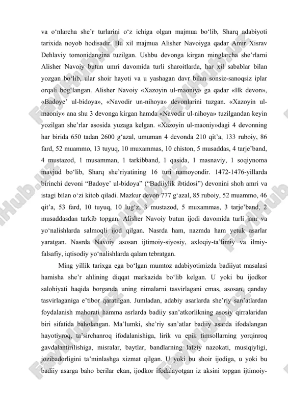 uri va badiiy mahorati bilan jahon adabiyotida ham o‘ziga xos o‘rin egallagan. uning lirikasida badiiy san’at vositalarining keng qo‘llanilishi, ayniqsa, tazod (antiteza) san’atining mahorat bilan ishlatilgani, she’riy ifoda vositalarini yanada boyitgan, mazmunni chuqurlashtirgan va estetik ta’sir kuchini oshirgan. tazod san’ati — ikki qarama-qarshi tushuncha, holat yoki obrazni yonma-yon keltirish orqali kuchli badiiy ta’sir yaratish usulidir. bu san’at vositasi navoiy lirikasida nafaqat estetik bezak sifatida, balki obrazlar, hissiyotlar va falsafiy g‘oyalarni chuqur ifodalash vositasi sifatida xizmat qiladi. shoir sevgi va dard, umid va iztirob, yor va hijron, hayot va o‘lim singari tushunchalarni tazodlar orqali ifodalab, o‘z she’riyati orqali o‘quvchini tafakkur va ruhiy kechinmalarga undaydi. mazkur kurs ishida alisher navoiy lirikasida tazod san’atining o‘rni, mazmuni, badiiy vazifasi hamda uning estetik imkoniyatlari tahlil qilinadi. shuningdek, shoirning ayrim gazallari va ruboiylaridan olingan misollar asosida tazod san’atining amaliy ifodasi yoritiladi. kurs ishining maqsadi. alisher navoiy lirik she’riyatida tazod san’atining qo‘llanilish xususiyatlarini tahlil qilish va uning …