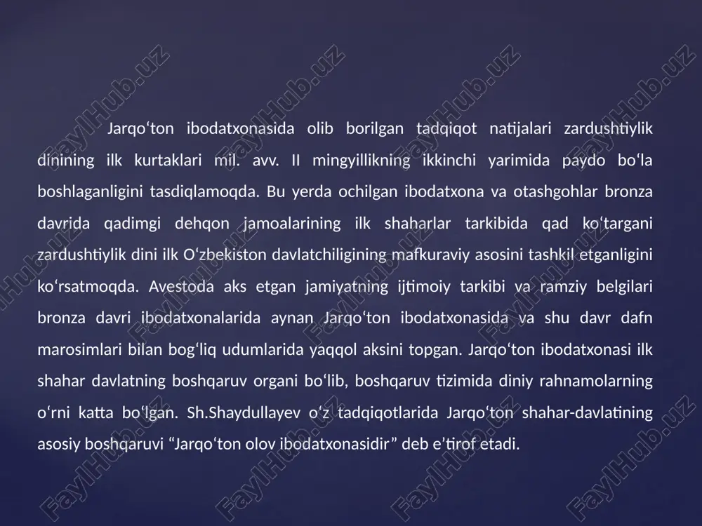 . shuningdek, bu yerdagi muhrlarni o‘rganish jarayonida bitta ohaktosh silindrli muhr va loydagi bitta muhr ushbu klassik g‘arbiy osiyo muhr turidan foydalanishdan dalolat beradi. ikkalasi ham jarqo‘tonda topilgan va ikkalasi ham mahalliy ko‘rinadigan kaprinlar va ilonlar bilan tasvirlangan tasvirlarni ko‘rsatadi va keng qamrovli qazishmalar sopollitepa, jarqo‘ton tilla buloqda olib borilganligini kai kaniuth, alisher shaydullayevning tadqiqotlari bilan ham tanishib chiqdik. jarqo‘tondagi haykaltaroshlik san’atinamunalarini o‘rganish va bu bo‘yicha maxsus tadqiqotlar olib borish bugungi kun biz tadqiqotchilarning oldidagi muhim vazifa hisoblanadi.shuningdek, jarqo‘ton ibodatxonasi qoshida o‘quv-amaliy muzey tashkil etilsa maqsadga muvofiq ish bo‘lar edi, ayniqsa muzey qoshida jarqo‘ton davriga oid moddiy ekspanatlar o‘rin olib arxeologik tadqiqot natijalari amalda moddiy madaniyat namunalari orqali ko‘rsatib berilsa, bu bevosita tadqiqot doirsini kengaytirib amalda yaqindan ko‘rib mahalliy va turistik qiziquvchilar doirasini kengaytirishga zamin yaratar edi. surxondaryodagi 4000 yillik jarqo‘ton yodgorligidan taqinchoq va sopol idishlar bilan birga ko‘milgan odam qabrlari topildi. qazishma ishlari fransiya milliy tadqiqot markazi bilan hamkorlikda …