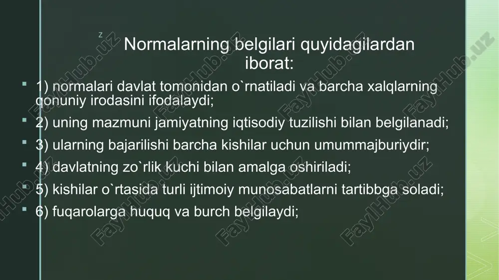 bitta geografik jihatdan joyiashgan hududlardagi davlatlar ishtirokidagi munosabatlami belgilaydi. misol tariqasida, ushbu normalarga 1992-yildagi yevropa kengashi to lg ‘risidagi shartnoma taalluqlidir. mintaqaviy normalar tarixan ilgari universal tarzda namoyon bomgan va ilgarigi normalar negizida ularning tajribasi asosida yangilari yai'atilgan. endilikda ushbu jarayon yana ham davom etmoqda. shu bilan birga, universal normalar mintaqaviy tizim rivojiga ko‘maklashadi, ularga boy tajribani yetkazib beradi; lokal normalar xalqaro huquqning ikki yoki bir nechta subyektlari ohtasidagi munosabatlami tartibga soladi. 3. ta’sir qilish tavsifiga ko‘ra: -taqiqlovchi; - ruxsat beruvchi; -v a k o la t beruvchi. z 4. tizimdagi funksiyasi bo‘yicha: moddiy va protsessual: protsessual norma xalqaro huquqni yaratish va amalga oshirish jarayonlarini tartiga soladi. 5. manbasiga ko‘ra: - oddiy; - shartnomaviy; -xalqaro tashkilotlaning qarorlari normasi. shuningdek, havolaki normalar ham mavjud, ular boshqa normalarda qayd etilgan qoidalarga murojaat etishni talab qiladi. turli xildagi bir nechta normalar hisoblangan tashkiliy normalar ham ajratilgan. ularning vazifasi xalqaro organlar va tashkilotlar faoliyatini …