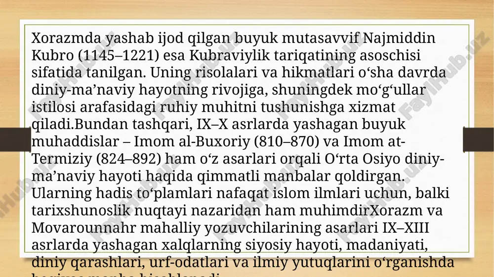 rator tekshiruvlar — anʼanaviy manbalar bilan birgalikda tarixiy xronologiyani barqarorlashtiradi. tadqiqotchilarning asosiy vazifasi — manbalarning noaniqliklarini aniqlab, ularni kritik filologik va ilmiy mezonlar asosida integratsiyalashdir. xulosa ix–xiii asrlarda oʻrta osiyo tarixini qayta tiklash uchun turli xil manbalar bir-birini toʻldiradi: arxeologik qatlamlar va topilmalar mamlakatlarning moddiy madaniyatini ochib beradi, yozma mahalliy va chet el asarlari esa siyosiy va ijtimoiy kontekstni taʼminlaydi. numizmatika va epigrafika aniq sanalar va hukmdorlar haqida dalillar beradi, metodologik yondashuvlar esa manbalarni sintezlash va xatoliklarni kamaytirishda yordam qiladi. bu manbalarni kritik tahlil qilish va multidisciplinary usullarni keng qoʻllash oʻrta osiyo tarixining ixcham va ishonchli tasvirini yaratishda hal qiluvchi ahamiyatga ega. e'tiboringiz uchun rahmat! image5.png image6.png image3.png image4.png