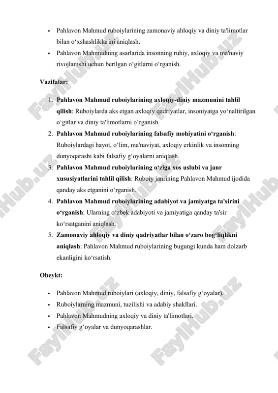 ida fikrlar aks etadi. 4. falsafiy mohiyat: pahlavon mahmudning ruboiylari falsafiy mazmuni bilan ajralib turadi. uning asarlarida insonning hayotdagi o‘rni, vaqtning o‘tishi, o‘limning muqarrarligi va oxirat haqida chuqur mulohazalar mavjud. shoir o‘zining ruboiylari orqali hayotning vaqtinchaligini, insonning ichki dunyosini poklash va uning haqiqiy maqsadini anglash zarurligini ta'kidlaydi. 5. uslub va til: pahlavon mahmudning ruboiylari o‘zining sodda va aniq uslubi bilan ajralib turadi. shoir har bir so‘zning mazmunini chuqur o‘ylab tanlagan, shuning uchun uning ruboiylari qisqa, lekin juda boy ma'no va hislatlarga ega. u ruboiylarda ko‘pincha maqtab, masal, hikmat va tushuntirishlardan foydalanadi. ruboiylarning qisqa shakli, ularning mazmunini eng samarali tarzda ifodalashga imkon beradi. 6. pahlavon mahmudning ma'naviy o‘rni: pahlavon mahmud o‘zining asarlari orqali nafaqat o‘z davrining axloqiy va diniy g‘oyalarini ifodaladi, balki insonning ma'naviy yuksalishi, o‘zini anglash va haqiqatni topish yo‘lida o‘quvchilarga yo‘l ko‘rsatdi. uning ruboiylari bugungi kunda ham o‘zining dolzarbligini yo‘qotmagan, chunki ular insoniy qadriyatlarni, ma'naviy poklikni va haqiqatni qadrlashni …