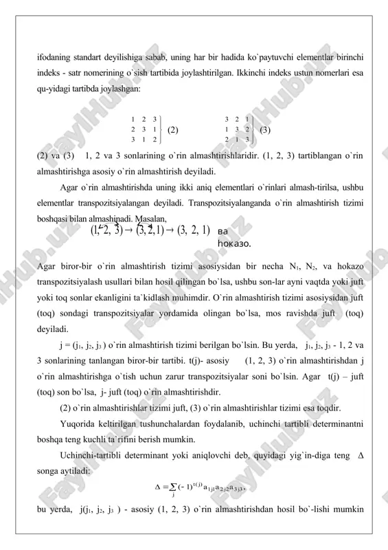 i δ determinantga teng. masalan, uchinchi ustunlari farqli, qolgan ustunlari aynan bir xil uchinchi tartibli determinantlar quyidagicha qo`shiladi: 9-xossa: determinant kattaligi uning biror satri (ustuni) elementlari-ga boshqa parallel satr (ustun) mos elementlarini bir xil songa ko`pay-tirib qo`shganda o`zgarmaydi. yuqori tartibli determinantlarni hisoblashning ratsional usuli uning biror satri yoki ustunida keltirilgan xossa asosida nollar yig`ib, so`ngra shu satr yoki ustun bo`yicha yoyib hisoblashdir. yuqori tartibli determinantni hisoblash masalasi ketma-ket ravishda quyi tartibli determinantlarni hisoblash bilan almashinadi. masalan: 10-xossa: n- tartibli berilgan δ1 = |aiκ| va δ2 = |biκ| determinantlar ko`paytmasi n- tartibli δ = |ciκ| determinantga teng va uning ixtiyoriy ciκ ele-menti quyidagi formula bo`yicha hisoblanadi: ciκ element δ1 determinant i- satri elementlarining δ2 determinant k- ustuni mos elementlariga ko`paytmalarining yig`indisiga teng. masalan: xulosa xulosa qilib shuni aytshimiz mumkinki biz yuqorida eng oddiy iqtisodiy masalani qaradik, hamda uning modeli ikki noma’lumli ikkita chiziqli tenglamalar sistemasiga keltirilishini ko‘rsatdik. fan va texnikaning juda …