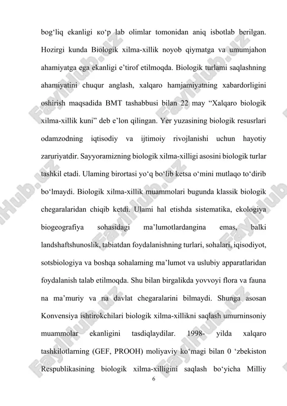 shshoqlikni kamaytirish - barqaror rivojlanish uchun qiyinchiliklar", "biologik xilma-xillik: o'zgaruvchan dunyoda hayotni sug'urtalash", "iqlim o'zgarishi va bioxilma-xillik", "biologik xilma-xillik", "biologik xilma-xillik mavzusini yangilash, odamlarning hayotini saqlab qolish va ularning turmush darajasini oshirish" va boshqalar. 3. bioxilmaxillik–odamlar hayoti uchun muhim resurslar manbai. bioxilmaxillikning yovvoyi va xonaki (madaniy-lashtirilgan) komponentlaridan biz oziq-ovqat, kiyim-kechak, ovqat pishirish va uy qurish, mebel yasash uchun yogʻoch, tibbiyot, sanoat mahsulotlari ishlab chiqarish uchun materiallar olamiz. bioxilmaxillikdan olinadigan foydani ikki qismga ajratish mumkin. biologik xizmatlar: oʻzbekiston asosan qishloq xoʻjalik mamlakati. ammo qishloq xoʻjaligida ishlab chiqarish toʻlaligicha tabiat sifatiga bogʻliq. bioxilma-xillik maqbul sifatni quvvatlash boʻyicha xizmatlar koʻrsatadi. biologik turlar rang-barangligi qancha kam boʻlsa, ular shuncha kam xizmatlar koʻrsatadi va qishloq xoʻjalik ishlab chiqarishi hamda qishloqlardagi hayot uchun tabiiy resurslar sifati shuncha past boʻladi. mahsulotlardan toʻgʻridan-toʻgʻri foydalanish: mamlakatimizda bioxilma-xillik mahsulotlaridan foydalanish yonilgʻi sifatida ishlatish uchun yogʻoch yigʻish, ovchilik, oziq-ovqat sifatida ishlatiladigan oʻsimliklarni, dorivor giyohlarni terish va hokazolar orqali amalga oshiriladi. bioxilma-xillik …
