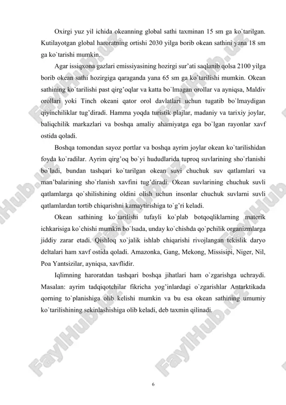 iddiy zarar etadi. qishloq xo`jalik ishlab chiqarishi rivojlangan tekislik daryo deltalari ham xavf ostida qoladi. amazonka, gang, mekong, missisipi, niger, nil, poa yantsizilar, ayniqsa, xavflidir. iqlimning haroratdan tashqari boshqa jihatlari ham o`zgarishga uchraydi. masalan: ayrim tadqiqotchilar fikricha yog’inlardagi o`zgarishlar antarktikada qorning to`planishiga olib kelishi mumkin va bu esa okean sathining umumiy ko`tarilishining sekinlashishiga olib keladi, deb taxmin qilinadi. 2. iqlim o`zgarishi va cho`llashish. iqlimning o`zgarishi va uning ijtimoiy oqibatlari. cho`llashish qit’a miqyosidagi ekologik muammo bo`lib, 100 dan ortiq mamlakatlarga bevosita dahldordir. cho`llashishning bosh sababi inson, uning mehnati natijasida er mahsuldorligi o`zgaradi. cho`llashishning ikkinchi sababi qurg’oqchil, yarim qurg’oqchil yoki namgarchilik kam bo`lgan rayonlarda kuzatiladigan uzoq va qisqa muddatli iqlim tebranishlaridir. quruqlikning deyarli uchdan bir qismini qurg’oqchilikka uchragan erlar tashkil etadi va bu erlarda er yuzi aholisining oltidan bir qismi hayot kechiradi. cho`llashish issiqxona samarasining kuchayishi natijasida iqlimning o`zgarishi, biologik turlar xilma-xilligining kamayishi va xalqaro suvlarning ifloslanishi kabi boshqa ekologik muammolar bilan …