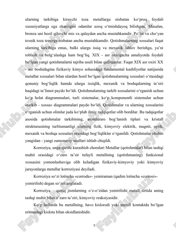 a zarar yetkazadi. eng ko‘p tarqalgan ko‘rinishi temirning zanglashidir. ishlab chiqariladigan qora metallar umumiy miqdorining qariyib 10% har yili korroziya natijasida yemiriladi. texnikada korroziya tezligi 1m2 metall yuzasida 1 soatda yemirilgan metallning gramm miqdori bilan o‘lchanadi. agar bu qiymat 0,1g/m2 dan ortiq bo‘lmasa, korroziyaga chidamligi kam bo‘ladi. agar 1m2 yuzadan bir soat ichida 10 g dan ortiq metall yo‘qolsa, korroziyaga chidamsiz hisoblanadi. havoda o2, suv bug‘lari (suv tomchilari), so2 va boshqa gazlar uchraydi. suv tomchisida so2 eriydi va kuchsiz karbonat kislotasi hosil bo‘ladi. so2 + n2o = n2so3 hosil bo‘lgan kislota dissosiyalanadi: n2so3 ↔n+ + nso 3 loaqal namlikda n+ va nso 3 ionlarining izlari bo‘ladi va havodagi o2, n+, nso 3 lar metallarning korroziyalanishiga qulay sharoit tug‘diradi, temir buyum go‘yoki shu ionlar va o2 ga botirib qo‘yilgandek bo‘ladi: 2fe + o2 + 2h2 + 4co2 = 2fe(hco3)2 fe(hco3) juda kuchsiz asos va kuchsiz kislotadan hosil bo‘lganligi uchun ortiqcha suvda …