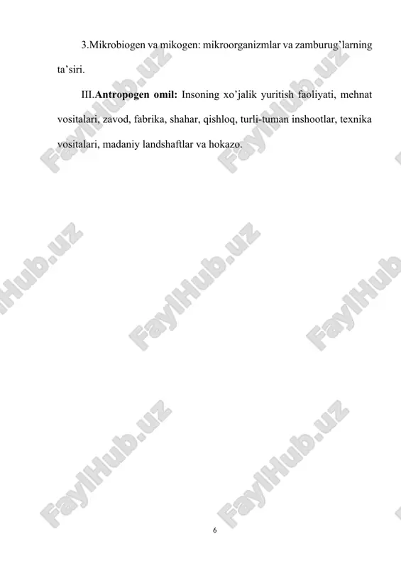 ekologik omillar. 4.ekologik omillarning tirik organizmlarga ta’sir etishining umumiy qonuniyatlari. 5.organizmlarni ekologik klassifikastiya qilish printsiplari.