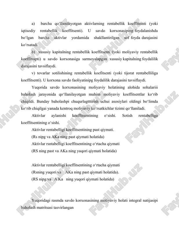 madga ko‘ra % hisobidagi o‘rtacha stavka; -summasi; 3. tovarlar sotilishidan olingan sof daromad -summasi; -tovarlar sotilishining hajmiga ko‘ra % hisobidagi darajasi 4. aylanish chegirtmalari-jami -summasi; -tovarlar sotilishining hajmiga ko‘ra % hisobidagi darajasi. shu bilan birga: doimiy-summasi o‘zgaruvchan-summasi-% hisobidagi darajasi 5. tovarlar sotilishdan olingan balans foyda -summasi; -tovarlar sotilishining hajmiga ko‘ra% hisobidagi darajasi 6. foyda hisobidan to‘lanadigan soliq to‘lovlari. -balans foydaga ko‘ra% hisobidagi o‘rtacha stavka; -summasi. 7. tovarlar sotilishidan olingan sof foyda -summasi; -tovarlar sotilishining hajmiga ko‘ra % hisobidagi darajasi pul mablag‘larining tushimi va sarflanishi rejasining tahliliy shakli ko‘rsatkichlar i chora* p ^lar iii iv yil yakuni 1. davr boshidagi pul mablag‘lari-ning qolidig‘i 2. pul mablag‘larining tushimi -ta’minlash jumladan: a) tovarlarpi sotish hisobidan; b) o‘tgan davr debitorlik qarzini inkossatsiya qilish hisobidan. 3. pul sarflanishini ta’minlash shu jumladan: a) tovarlar, mollar, arzon va tez eskiruvchi buyumlarni sotib olishga; b) aylanma chegartmalari (ammorti-zatsiya ajratmalaridan tashqari) tarkibiga kiruvchi joriy harajatlarga; v) daromad va foydadan …