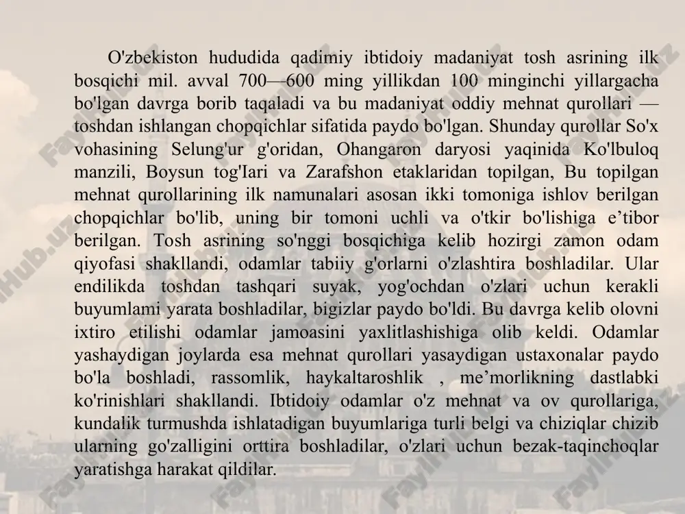 m, maxsus - arxeologik, antropologik va boshqa davrlashtirishlarga ham taalluqlidir.  ibtidoiy jamoa tarixining umumiy davrlashtirishi dastlab 1870 yilda buyuk amerikalik etnograf lyuis genri morgan tomonidan tuzilgan. xvsh asrda mavjud bo’lgan tarixiy jarayonni yovvoyilik, varvarlik va tsivilizatsiya zamonalariga bo’linishidan foydalangan holda hamda asosan ishlab chiqaruvchi (hayot uchun muhim bo’lgan vositalarning ishlab chiqilishi) kuchlarning taraqqiyot darajasida asoslangan holda, u yovvoyilik va varvarlik zamonalarini pastki, o’rta va yuqori bosqichlarga ajratdi. evvoyilikning pastki bosqichi odamning paydo bo’lishidan va nutqning paydo bo’lishidan boshlanadi, o’rta bosqich baliqchilikning paydo bo’lishi va olovdan foydalanishdan boshlanadi, yuqori bosqich o’q-yoyning kashf etilishidan boshlanadi. varvarlikning pastki bosqichiga o’tish kulolchilikning yoyilishi bilan boshlanadi, dehqonchilik va chorvachilikning vujudga kelishi varvarlikning o’rta bosqichida bo’ladi, temirni o’zlashtirish bilan esa varvarlikning yuqori bosqichi boshlanadi. yozuvning-alfavitning paydo bo’lishi bilanoq tsivilizatsiya zamonasi boshlanadi.  adabiyotlar: asqarov a. o’zbekiston tarixi . - t, o’qituvchi. 1994. muxammadjonov a. o’zbekiston tarixi – t o’qituvchi.1996.o’zbekiston tarixi .- t,. universitet. 1997 . …