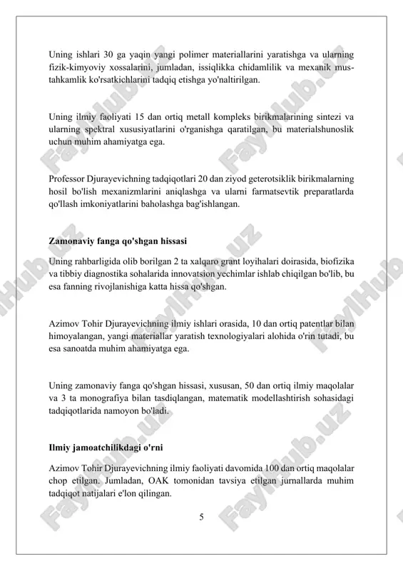 , bu uning innovatsion ishlanmalarini tan olinishidir. u 2010-yilda qishloq xo'jaligi sohasidagi ilmiy yutuqlari uchun «o'zbekiston respublikasi qishloq xo'jaligi a'lochisi» unvoniga sazovor bo'lgan va bu sohadagi hissasi e'tirof etilgan. professor azimov 2015-yilda o'zining ilmiy maktabini yaratgani va ko'plab shogirdlar yetishtirgani uchun «ustoz» ordeni bilan mukofotlangan, bu uning pedagogik mahoratini ko'rsatadi. ilmiy yutuqlari va kashfiyotlari djuraevning yarimo'tkazgichli materiallar bo'yicha tadqiqotlari, ayniqsa, kremniy asosidagi quyosh batareyalarining samaradorligini 15% ga oshirishga qaratilgan yangi usullarni ishlab chiqishga olib keldi. uning qattiq jismlar fizikasi sohasidagi ishlari, xususan, 20 dan ortiq metall qotishmalarining tuzilishi va xossalarini o'rganish orqali materialshunoslikka katta hissa qo'shgan. uning ilmiy faoliyati davomida 30 dan ortiq patentga ega bo'lgan innovatsion texnologiyalari, jumladan, energiya tejovchi qurilmalar va sensorlar yaratish sohasida muhim ahamiyatga ega. shaxsiy fazilatlari va xarakteri uning xushmuomalaligi va hamkasblar bilan munosabatlardagi ochiqligi, jamoada sog'lom muhit yaratishga yordam bergan, natijada 20 dan ortiq ilmiy maqolalar chop etilgan. azimov tohir djurayevichning qat'iyatliligi va maqsadga …