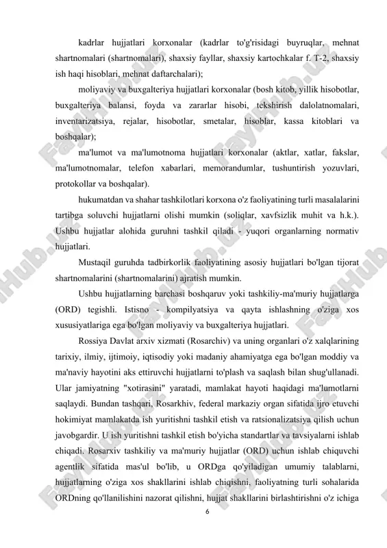 arini ishlab chiqishni, faoliyatning turli sohalarida ordning qo'llanilishini nazorat qilishni, hujjat shakllarini birlashtirishni o'z ichiga oladi. tashkiliy va yagona tizimini yaratish orqali ma'muriy hujjatlar(usord). rossiya federatsiyasining standartlashtirish, metrologiya va sertifikatlashtirish qo'mitasi (rossiya davlat standarti) gostlarni yaratish yo'li bilan hujjatlarga qo'yiladigan aniq talablarni tartibga solish va unifikatsiya qilish, shuningdek, hujjatlarni xalqaro birlashtirish va standartlashtirishda ishtirok etish uchun javobgardir. mehnat vazirligi mehnat va mehnatni muhofaza qilish bo'yicha hujjatlarni ishlab chiqadi. shunday qilib, agar hokimiyat uchun eng yuqori hokimiyat bo'lsa tartibga solish ish yuritish, keyin davlat arxiv xizmati, ish yuritish xizmati faoliyatini tartibga solishda tashkilot ustavi muhim rol o'ynaydi - huquqiy akt, bu shakllanish tartibini, tashkilotning vakolatini, uning funktsiyalarini, vazifalarini, ish tartibini belgilaydi. nizomni ishlab chiqish ish yuritishning umumiy tashkil etilishiga ta'sir qiladi. ustavda belgilangan tashkiliy tuzilma boshqaruv faoliyatida qo'llaniladigan hujjatlar to'plamini aniqlash imkonini beradi. tashkilotning dow xizmati faoliyatini tartibga soluvchi asosiy me'yoriy hujjatlar: maktabgacha ta'lim muassasasining xizmati to'g'risidagi nizom- bu ushbu bo'linmani …