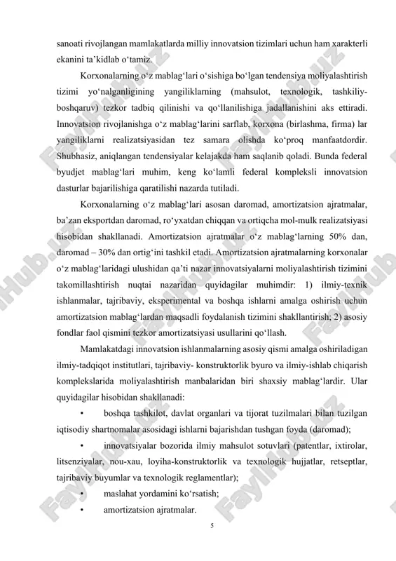 akllanadi: • boshqa tashkilot, davlat organlari va tijorat tuzilmalari bilan tuzilgan iqtisodiy shartnomalar asosidagi ishlarni bajarishdan tushgan foyda (daromad); • innovatsiyalar bozorida ilmiy mahsulot sotuvlari (patentlar, ixtirolar, litsenziyalar, nou-xau, loyiha-konstruktorlik va texnologik hujjatlar, retseptlar, tajribaviy buyumlar va texnologik reglamentlar); • maslahat yordamini ko‘rsatish; • amortizatsion ajratmalar. yuqorida ko‘rsatilgan tashkilotlarning aksariyati uchun o‘z mablag‘lari tarkibida amortizatsion ajratmalar kamtarona o‘ringa ega. ilmiy-ishlab chiqarish komplekslari bundan mustasnodir, u yerda katta hajmdagi asosiy va aylanma mablag‘larga ega bo‘lgan ishlab chiqarish bo‘linmalari ustunlik qiladi. loyihani moliyalashtirish. innovatsiyalarni moliyalashtirishning muhim va nisbatan yangi shakli – loyihani moliyalashtirishdir. an’anaga ko‘ra, loyihani moliyalashtirish investitsion loyihalarni uzoq muddatli bank kreditlashi sifatida tushuniladi va 1990 yillargacha asosan investitsion loyihalarga yo‘naltirilgan. ammo hozirgi vaqtda uning ko‘plab turi mavjud bo‘lib, turlicha talqin etiladi va innovatsion faoliyatga ham kirib keldi. loyihani moliyalashtirishning innovatsion sohaga (uning turlaridan biri) kirib kelishi innovatsion investitsiyalarga bog‘liq, ya’ni dastlab loyihalarni amalga oshirish uchun kiritilgan investitsiyalar qisman progressiv yuqori …