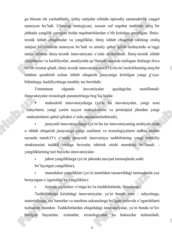 llarni va texnologiyalarni tadbiq etishni nazarda tutadi.o’z o’rnida jarayonli innovatsiya tashkilotning yangi tashkiliy strukturasini tashkil etishga bevosita ishtirok etishi mumkin) bo’linadi; - yangiliklarning turi buyicha innovatsiyalar: · jahon yangiliklarga (ya’ni jahonda mavjud tarmoqlarda sodir bo’layotgan yangiliklar), · mamalakat yangiliklari (ya’ni mamlakat tassarufidagi tarmoqlarda yuz berayotgan o’zgarishlar va yangiliklar); · tizimda joylashuv o’rniga ko’ra (tashkilotlarda, firmalarda). tashkilotlarga kirishdagi innovatsiyalar, ya’ni bunda xom – ashyolarga, materiallarga, ma’lumotlar va mashina uskunalarga bo’lgan tanlovda o’zgarishlarni tushunish mumkin. tashkilotlardan chiqishdagi innovatsiyalar, ya’ni bunda to’lov berilgan buyumlar, xizmatlar, texnologiyalar va hokazolar tushuniladi. tashkilotning tizimli strukturasidagi innovatsiyalar, ya’ni boshqaruv, ishlab chiqarish va texnologik strukturadagi innovatsiyalar. o’zgarishlar qay darajada ekanligiga ko’ra innovatsiyalarni quydagilarga bo’lish mumkin: radikal, modifikatsion (xususuiy), yaxshilanib boruvchi innovatsiyalar. tashkilotlarning faoliyat chegarasini hisobga olgan holda innovatsiyalarnig tasniflanishi: texnologik, ishlab chiqarish, iqtisodiy, savdo innovatsiyasi, ijtimoiy, boshqaruv sohasidagi innovatsiyalar. ana shunday bir-biri bilan uzviy bog’langan chora tadbirlar ayni vaqtda jahon moliyaviy inqirozidan imkon qadar tez chiqish va uning …