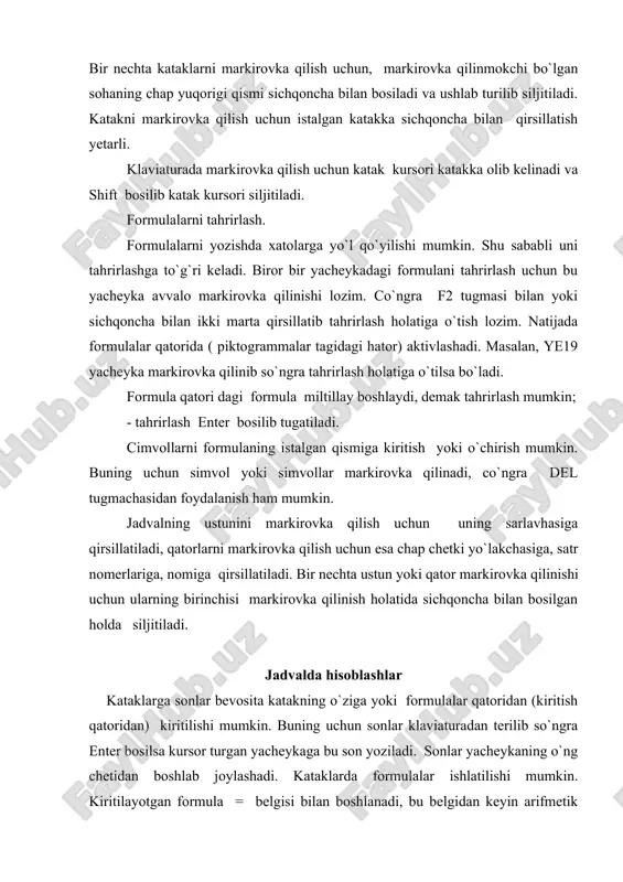 ladi. nycxalashni instrumentlar qatoridagi piktogramma orqali ham amalga oshirish mumkin. ma`lumotlarni o`chirish. qiymatlari o`chirilishi lozim bo`lgan kataklar markirovka qilinadi, so`ngra edit (redaktirovaniye) dan clear- yordamchi menyu chaqiriladi. bunda qo`yidagi direktivalar bor: all - kataklar qiymati va formati bekor qilinadi (o`chiriladi); formats - faqat kataklar formatini bekor qiladi.; contents - faqat yacheykalar qiymati o`chiriladi; notes - kataklardagi faqat komentariyalar o`chiriladi. excel da ishchi varaqni chop qilish. excel da ishchi varaqni chop qilishdan oldin ko`rib chiqish lozim. ko`rib chiqish prosmotr piktogrammasi bilan yoki fayl menyusidagi prosmotr buyrug`i bilan amalga oshiriladi. odatda ishchi varag`i jadvaldagi eng chetki yozuvlar va sonlar chegarasi bilan avtomatik tarzda ramkaga olinadi va u ishchi varag`ini tashkil qiladi. uni chop qilishdan oldin ko`rib chiqish mumkin. ishchi varag`iga eng chetki bo`sh ustun va bo`sh satr kirmaydi. excel da funksiyalar va diagrammalar konstruktori. funksiyalar. jadval hisoblarini amalga oshirish uchun formulalar bo`yicha hisoblash kerak bo`ladi. bu hisoblashlarda ba`zi formulalar va ularning kombinatsiyalari …