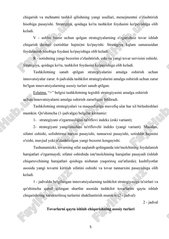 rni oddiy qayta ishlab chiqarish 3. kits2siviri tovarni uni past narxda sotish uchun oddiy qayta ishlab chiqarish 4. kitsis2viri tovarni resurslarni tejaydigan texnologik bo'yicha qayta ishlab chiqarish 5. k2tsisiv2r2 eski va yangi bozorlar uchun yangi tovarni kengaytirilgan qayta ishlab chiqarish 6. kits2s2v2ri yangi texnologiya bo'yicha tayyorlangan eski tovarni kengaytirilgan qayta ishlab chiqarish 7. kitsisivir2 eski va yangi bozorlar uchun eski tovarni oddiy qayta ishlab chiqarish 8. k2ts2s2v2r2 eski va yangi bozorlar uchun texnologik bo'yicha yangi tovarlarni kengaytirilgan qayta ishlab chiqarish (qayta ishlab chiqarishning eng murakkab turi) innovatsion marketingni joriy qilish istiqbollari. innovatsiya jaraenini boshkarish ob'ekti texnik siesatni ishlab chikish uchun yukori darajada maxsuslashtirilgan bulimlar. ya'ne uyushmalarni. komitetlarni eki ishchi guruxini tuzishni taxmin kiladi: innovatsion faoliyatni nazorat kilish uchun yangi maxsulotni bulimlarini va markazlashgan xizmat kursatishni tashkil etish · yangi maxsulot yaratish uchun maksadli loyixa guruxlarini eki markazlarini belgilash · ishlab chikarish bulimlarida mavjud bulgan ii ki,laboratoriyalar, ilmiy markazlar bo'limlarini rolini …