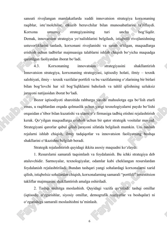 italar mavjud. strategiyani qarorlar qabul qilish jarayoni sifatida belgilash mumkin. uni tanlash rejalarni ishlab chiqish, ilmiy tadqiqotlar va innovatsion faoliyatning boshqa shakllarini o‘tkazishni belgilab beradi. strategik rejalashtirish quyidagi ikkita asosiy maqsadni ko‘zlaydi: 1. resurslarni samarali taqsimlash va foydalanish. bu ichki strategiya deb ataluvchidir. sarmoyalar, texnologiyalar, odamlar kabi cheklangan resurslardan foydalanish rejalashtiriladi. bundan tashqari yangi sohalardagi korxonalarni xarid qilish, istiqbolsiz sohalardan chiqish, korxonalarning samarali “portfeli” investitsion takliflar majmuasini shakllantirish amalga oshiriladi. 2. tashqi muhitga moslashish. quyidagi vazifa qo‘yiladi: tashqi omillar (iqtisodiy o‘zgarishlar, siyosiy omillar, demografik vaziyatlar va boshqalar) ni o‘zgarishiga samarali moslashishni ta’minlash. strategiyani ishlab chiqish tashkilotning umumiy maqsadini shakllantirishdan boshlanadi. maqsadni qo‘yilishi firmaning tashqi muhit, bozor, iste’molchi bilan aloqalarida muhim rol o‘ynaydi. umumiy maqsad quyidagilarni hisobga olishi kerak: · firma faoliyatining asosiy yo‘nalishi; · tashqi muhitdagi ishchi tamoyillar (savdo iste’molchiga munosabat, ishga doir aloqalarni olib borish tamoyillari); · tashkilotning madaniyati, uning an’analari, ishchi muhit; · “sifatni umumiy boshqarilishi” ni qamrab …