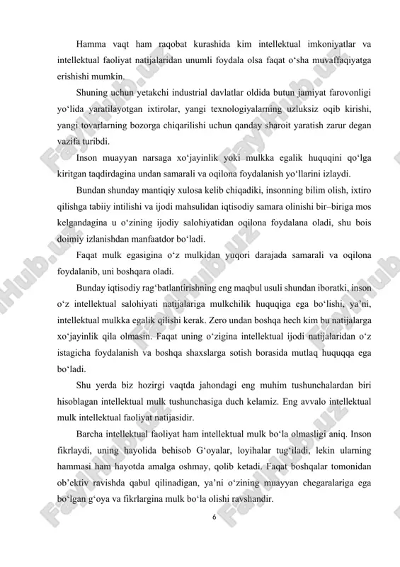 on qildi: 0. insoniyat dahosi jami san’at asarlari va ixtirolarning manbaidir. 0. bu asarlar insonga munosib hayot kafolatidir. 0. barcha turdagi san’at asarlari va ixtirolarni ishonchli himoyalash har bir davlatning burchidir. 2. intellektual mulk ob’ektlarining tasnifi va tavsiflari. intellektual mulk ob’ektlarining har biri o‘ziga xos xususiyatlarga egaligi ravshan. demak, bu ob’ektlarni huquqiy muhofazalash samaradorligining yuqori bo‘lishi uchun bu ob’ektlarning muayyan xususiyatlarini hisobga oladigan turli huquqiy himoya tartiblari zarur bo‘ladi. intellektual mulk ob’ektlarini ko‘rib chiqar ekanmiz, shuni qayd etish mumkinki, intellektual mulkda ob’ektlarning ikki guruhi alohida ajralib turadi: san’at bilan bog‘liq badiiy asarlar va sanoat tarmog‘i – xususan yangi buyumlar, tovarlar va texnologiyalarni ishlab chiqish va bozorga taklif etish bilan bog‘liq ob’ektlar. aynan ana shu vaziyatlar xx asrda jahonda umum qabul qilingan xalqaro huquqiy standartlar shakllanishiga olib keldi, shunga muvofiq intellektual mulk o‘z ichiga ikki asosiy huquqlar sohasini oladi: ● mualliflik va turdosh huquqlar, unga muvofiq ilmiy, adabiy, musiqiy, badiiy, fotografiya …