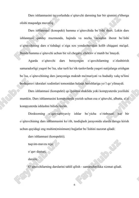 ganilishi qiyin yoki murakkab bo`lgan mavzular asosida tashkil etilishini ta'minlaydi. har bir fan yo`nalishidagi metodbirlashmalarda "men o`zlashtirilishi qiyin bo`lgan mavzular bo`yicha darslarni qanday tashkil etaman?" mavzusidagi ochiq muhokamalar tashkil etiladi. fan o`qituvchilari astoydil, vijdonan yondashgan holda "bilimlar bellashuvi"da o`quvchilarining faol ishtirokini ta'minlaydi. "ustoz-shogird" tizimida, "o`rgan-o`rgat" tadbirlarida chin yurakdan, faol ishtirok etadilar. 1 soatlik dars ishlanmasi yozishning asosiy talablari va tartibi. kompetensiyaviy yondashuvga asoslangan davlat ta’lim standartlari va o’quv dasturlari asosida dars ishlanmasi(konspekt)ni shakllantirish tartibi sana,sinf (paralel sinflar uchun bitta mavzu bo`yicha alohida-alohida dars ishlanmasi(konspekt)ni yozish shart emas ,bitta mavzuga bitta dars ishlanmasi yozilsa kifoya. bunda 6-a, b, v, g – sinflar deb ko’rsatiladi) fan nomi:_______ ________________________________________ darsining mavzusi:(takvim–mavzu reja asosida) dars maqsadi (darsga qo’yilgan maqsad 4-5 daqiqa davomida belgilangan fandan o’quvchilarda mavzudan kelib chiqqan holda fanga oid va tayanch kompetensiyalarning elementlarini shakllantirishga yo’naltirilgan bo’lishi lozim): ta’limiy maqsad:_________________________________________ (mavzudan kelib chiqqan holda fanga oid kompetensiyalar elementlari yoziladi) tarbiyaviy maqsad:_______ _______________________________ (mavzudan …