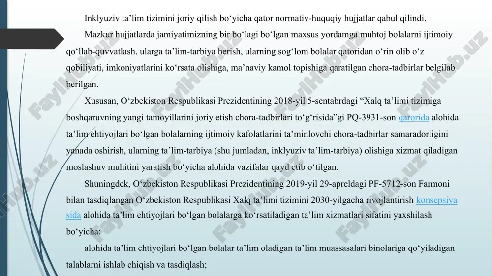 arasizligiga olib kelmoqda; malaka oshirish va qayta tayyorlash ta’lim muassasalarida alohida ta’lim ehtiyojlari bo‘lgan bolalar ta’limi bo‘yicha malaka oshirish kurslari tashkil etilmagan, ular faoliyatiga inklyuziv ta’lim bo‘yicha zamonaviy axborot-kommunikatsiya texnologiyalari joriy qilinmagan; v) o‘quv jarayonini tashkil etish sohasida: umumta’lim muassasalarida alohida ta’lim ehtiyojlari bo‘lgan bolalarga inklyuziv ta’lim berish metodikasi ishlab chiqilmagan; alohida ta’lim ehtiyojlari bo‘lgan bolalarga inklyuziv ta’lim berishning sifati va samaradorligini aniqlash mezonlari ishlab chiqilmagan; 5. inklyuziv ta’lim tizimini rivojlantirishning maqsadi — ta’lim olish uchun teng imkoniyatni ta’minlash va barcha bolalarning individual xususiyatlaridan, oldingi ta’lim yutuqlaridan, tili, madaniyati, ota-onalarning ijtimoiy va iqtisodiy holatidan qat’iy nazar ta’limda muvaffaqiyatga erishishi uchun zarur shart-sharoitlarni yaratishdir. 6. inklyuziv ta’lim tizimini rivojlantirishning ustuvor yo‘nalishlari quyidagilardir: a) inklyuziv ta’lim tizimi uchun pedagog kadrlarni tayyorlash, qayta tayyorlash va malakasini oshirish: pedagogika yo‘nalishidagi oliy ta’lim muassasalarida inklyuziv ta’lim dasturlarini joriy etish, inklyuziv ta’lim metodikasiga oid o‘quv materiallarini takomillashtirish; inklyuziv ta’lim berishning zamonaviy nazariyalarini o‘zlashtirish, inklyuziv ta’lim tizimida …