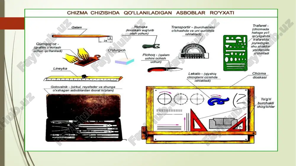 'rsatilgan. shuni yodda tutinki haqiqiy o'lchov strelja uchiga yaqinroq bo'ladi chiziq o'rtasida emas. 16. chizmadagi o'lchovlarning hammasi bir o'lchov birligida bo'ladi va har biriga birlikni yozib chiqish shart emas masalan mm yoki sm. bu holatda mazkur eslatma sizning chizmangizda bo'lishi kerak. boshqa holatlarda o'rnatilgan birlik bu millimetrdir 17. agarda markazi chizmadan tashqarida bo'lgan katta aylana chizilgan bo'lsa, o'lchov chizig'iga bitta zig-zag chizib qo'yiladi. 18. kichik joylarni o'lchashda o'ziga yarasha muammolari vayechimlari bor. 18.21 chizmada bir qancha misollar keltirilgan. bu yerda bitta yoki ikkita ko'rsatish shart bo'lmagan qoidalar bor. 19.agarda chizmada masshtab bo'lsa, chizmadagi o'lchamlar detalning haqiqiy o'lchamlaridir, chizmadagi liniyaning emas. asosiy yozuv asosiy yozuvning o’lchamlari uni to’ldirish namunasi quyidagi shaklda ko’rsatilgan. unda belgilangan kataklarni quyidagicha to’ldirish mumkin. 1-katak. chizmaning nomi. 2-katak. chizmaning kodli belgisi, (7-shrift bilan yoziladi). chizma kodi, masalan, quyidagicha bo’lishi mumkin: chgig.gch.9-95.02.001 bu yerda chgig - chizma geometriya va muhandislik grafika kafedrasi, gch - geometrik chizmachilik (pch - …