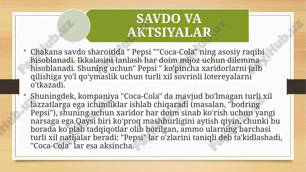 o'rnatdi. mahsulotlarga oson kirish imkoniyati nufuzli global brend sifatida pepsi 200 dan ortiq mamlakatlarda ishlaydi va deyarli sotadi kuniga bir milliard mahsulot. maqsadli bozoriga ushbu darajadagi oson kirishni ta'minlash uchun pepsi asosan iste'molchilar ehtiyojlariga asoslangan shaxsiylashtirilgan tarqatish tizimiga ega. masalan, shimoliy amerikada pepsi mahsulotlarni to'g'ridan-to'g'ri chakana sotuvchilarga jo'natish uchun 100 dan ortiq ishlab chiqarish birliklarini boshqaradi. to'g'ridan-to'g'ri sotish tizimi unga elektron tijorat bozoriga kirishga va walmart kabi yirik chakana sotuvchilar bilan mustahkam aloqa o'rnatishga imkon beradi. shuningdek, u o'z mahsulotlariga to'g'ridan-to'g'ri mijozlarga oson kirishni taklif qilish uchun avtomatlarni o'rnatgan. global tarqatish uchun pepsi talab past bo'lgan distribyutorlarni autsorsing qiladi. ukrainada bo'lgani kabi, u o'z mahsulotlarini bozorga etkazib berish uchun uchinchi tomon shisha ishlab chiqaruvchilarni ishga oladi. pepsiniki marketing strategiyasi muvaffaqiyati haqida aql bovar qilmaydigan tushuncha beradi. u o'z marketingini zamonga moslashtirib, qiyin vaziyatlardan unumli foydalanib, eng yuqori pog'onada qoldi. agar uning tarixiga nazar tashlasangiz, pepsi o'z o'sishini yirik depressiya davrida, …